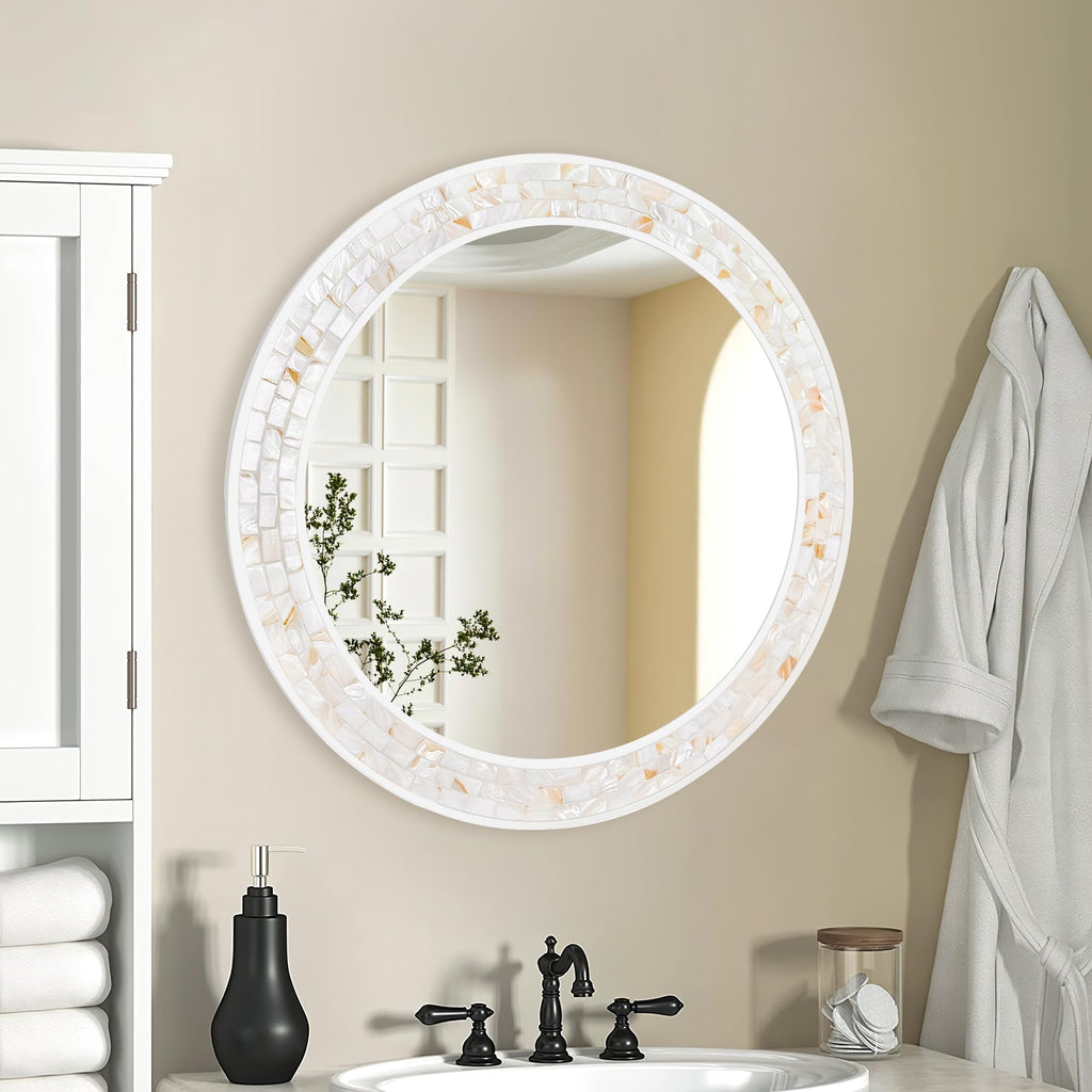 Tanmicoshomy Round Wall Mirror 24 Inch,Circle Mosaic Mirror with Natural Mother of Pearl and Wood Frame, Decorative Coastal Round Wall Mirror for Bathroom Bedroom Living Room Entryway