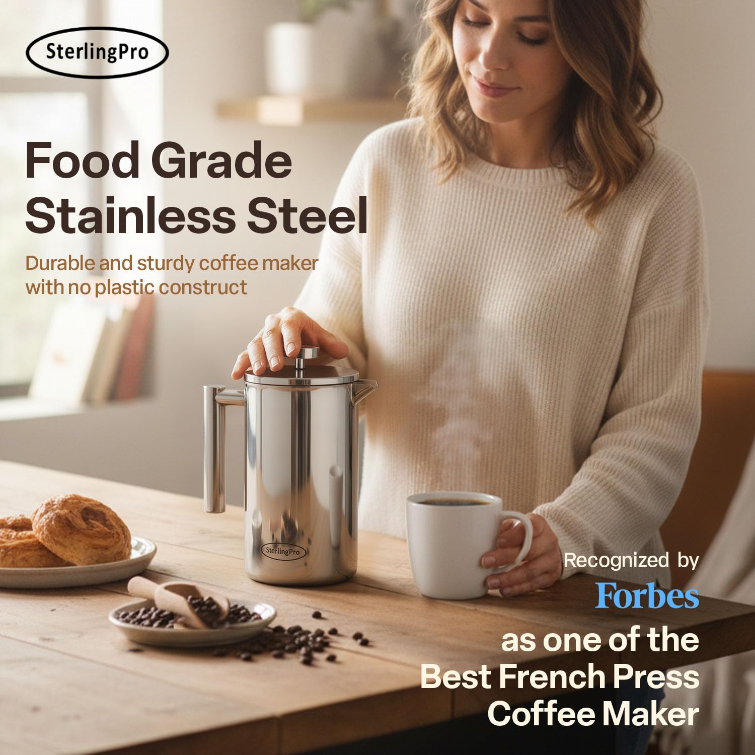 SterlingPro Stainless Steel French Press Coffee Maker 1 L (34 oz) Black – Double Walled Insulated Large Coffee Press, Durable Design Keeps Drinks Hot, Easy to Use and Clean for Rich Flavor Brewing