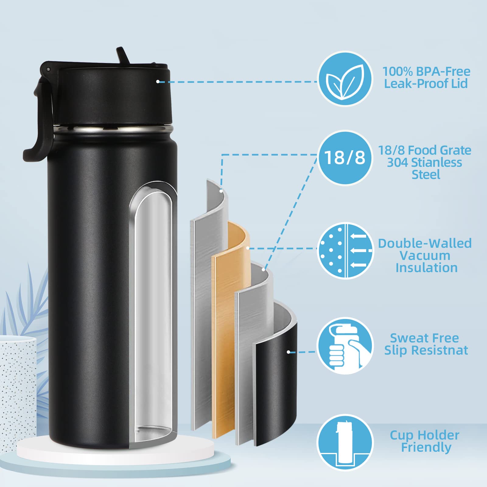 Volhoply Kids Insulated Water Bottle with Straw,16oz Stainless Steel Cold Water Bottles for School,BPA-Free Metal Wide Mouth Cups with Handle Lid,Reusable Double Wall Vacuum Sport Flask(Black,1)