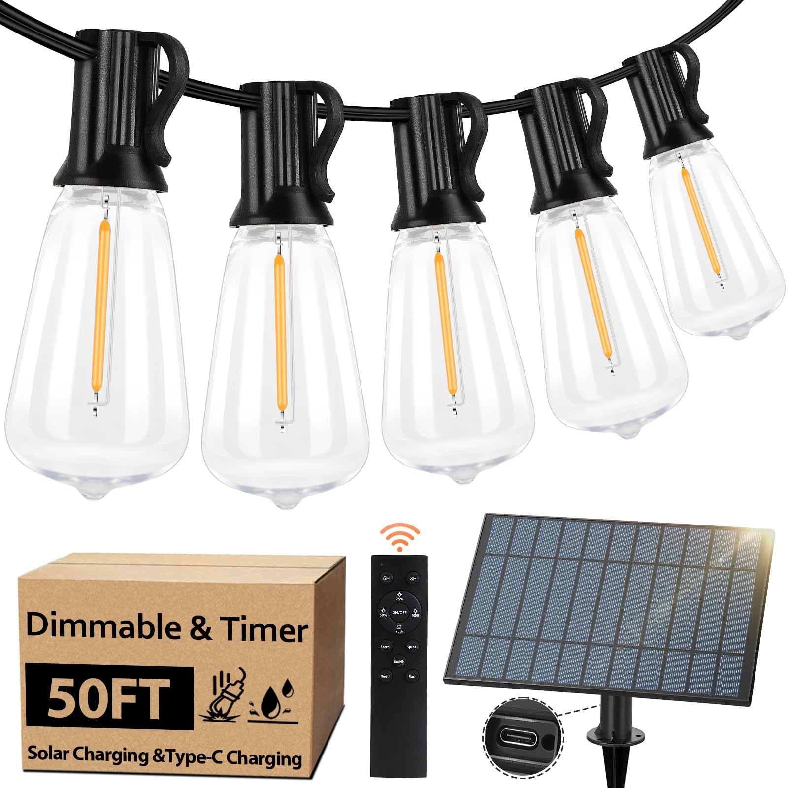 50 FT Solar String Lights for Outside, Solar Powered Outdoor String Lights with 26 Shatterproof Edison Bulbs, Dimmable Patio Lights Waterproof with Remote Timer for Wedding Backyard(Warm White)