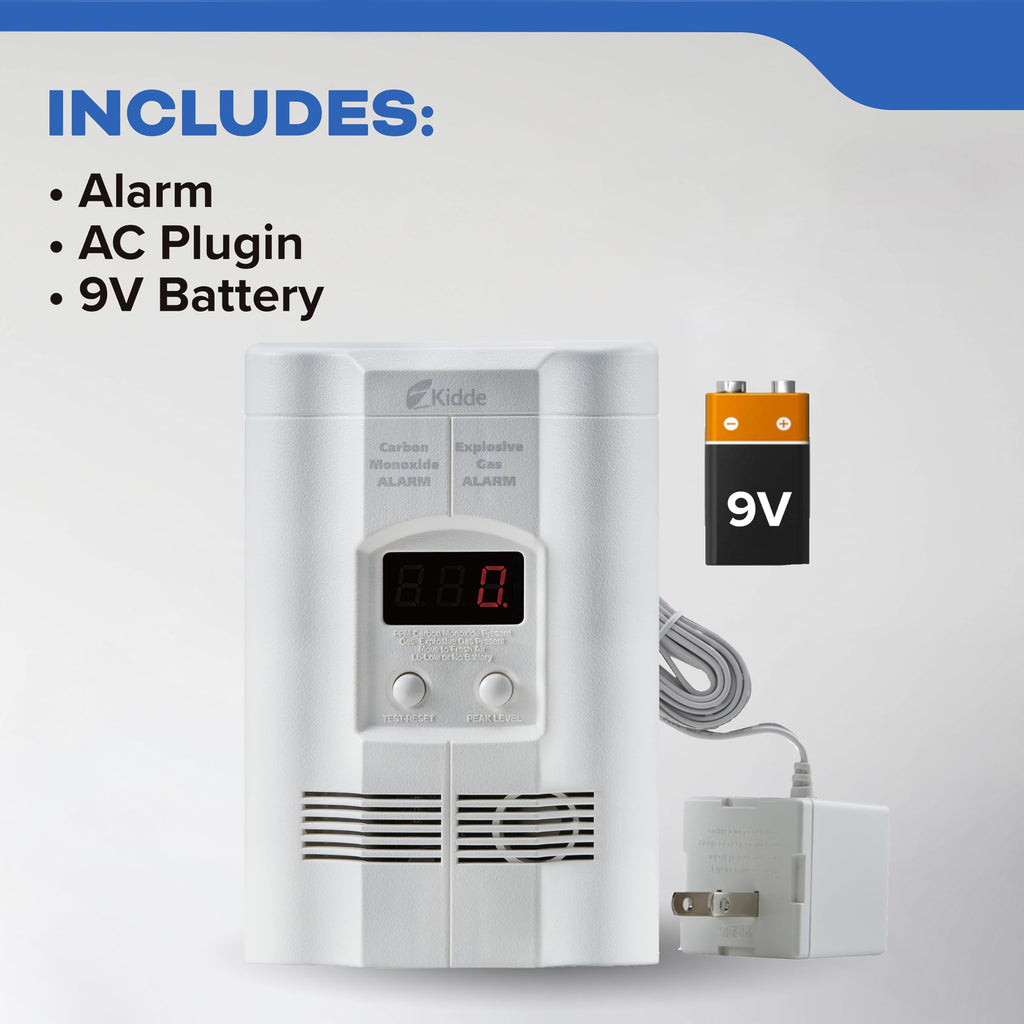 Kidde Carbon Monoxide + Explosive Gas, Natural Gas & Propane Alarm, Plug-in with 9V Battery Backup, Digital Display, 85 dB Alarm, LED Status Indicators, 3rd Edition