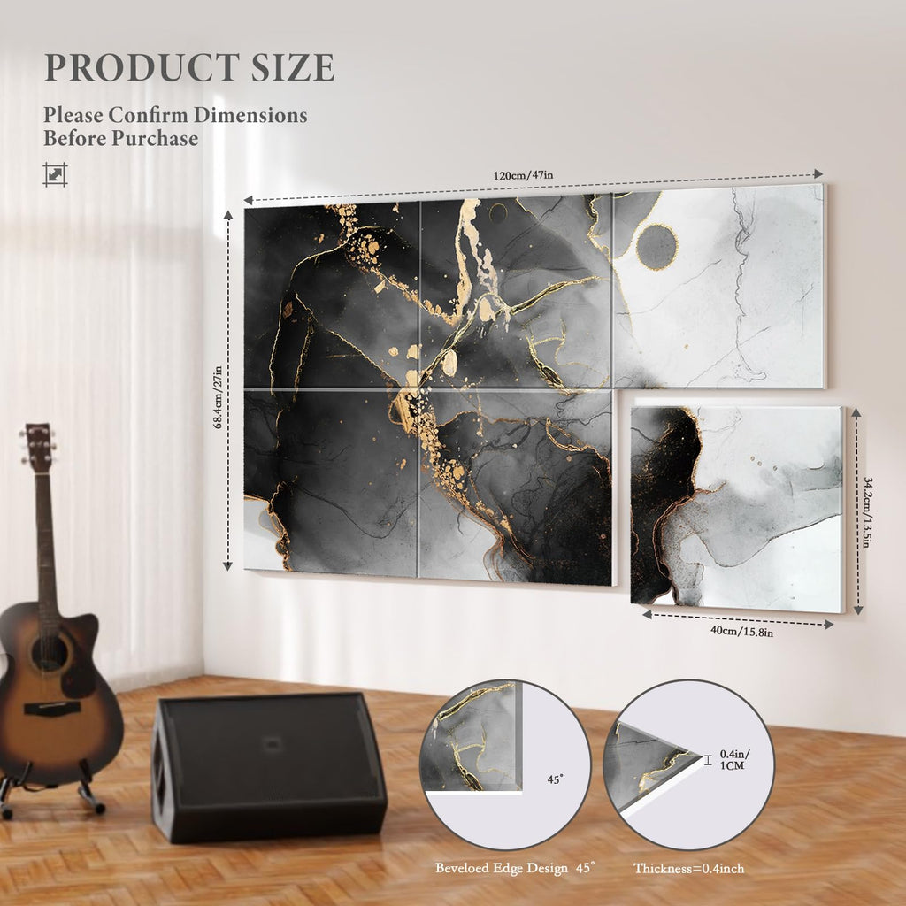 JBER 6 Pack Art Acoustic Panels, 47.2×27Inches Soundproof Wall Panels, Large Self-Adhesive Wall Panels, Decorative Sound Absorbing Panels, Sound Panels for Recording Studio(Black Gold Marble)