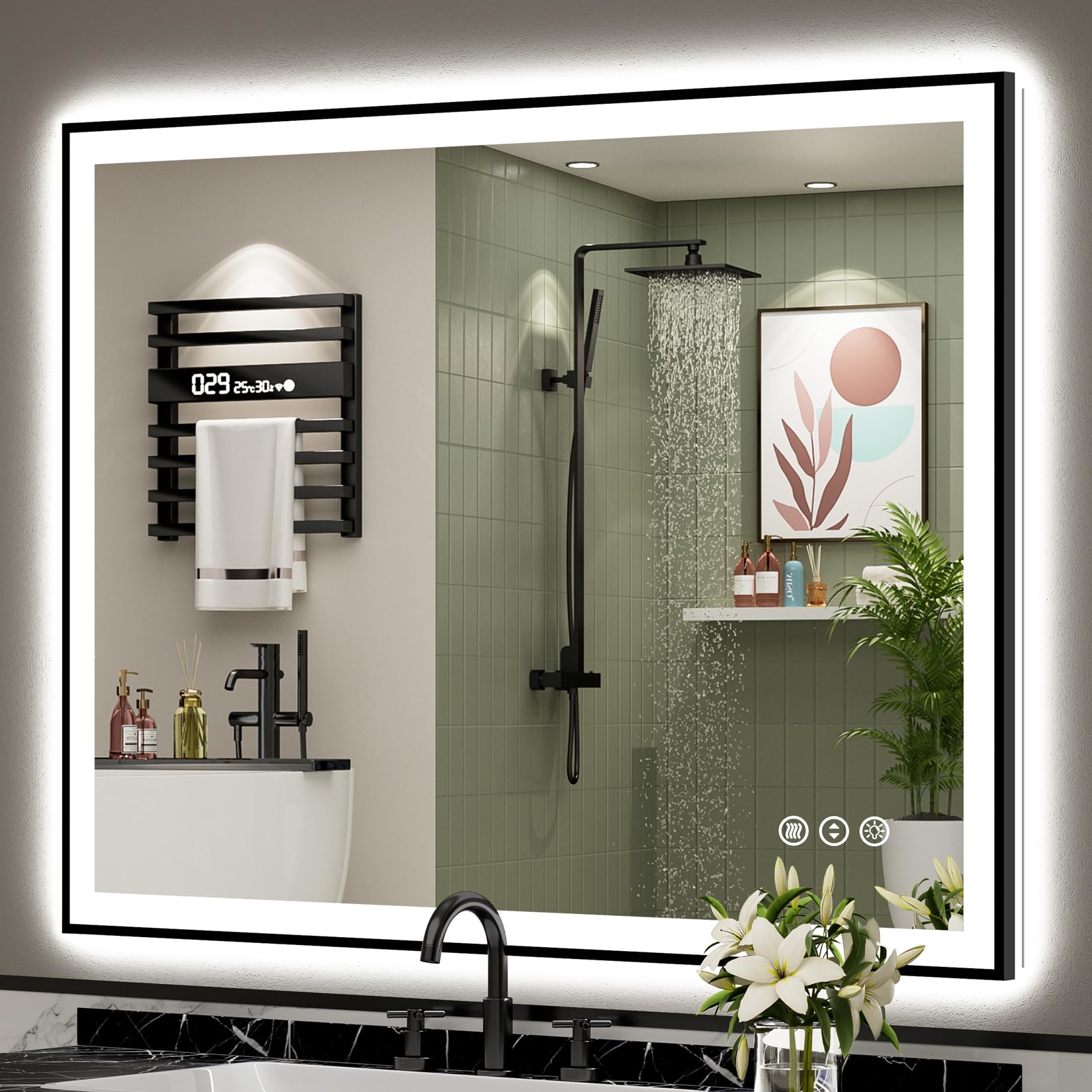 24x32 Black Framed LED Bathroom Mirror with Lights, Backlit and Front Lit Anti-Fog Lighted Vanity Mirrors for Bathroom Wall, Dimmable, 3 Colors, Memory, HD Tempered Glass, Horizontal/Vertical
