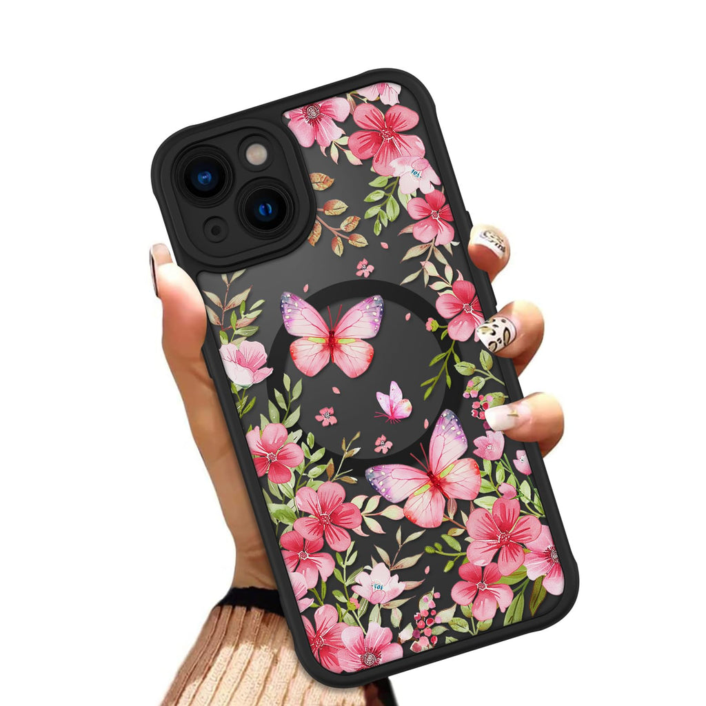 OOK Case for iPhone 11 6.1 Inch (Compatible with MagSafe) Floral Flowers Design Translucent Phone Cover Soft TPU + Hard PC Anti-Scratch Shockproof Magnetic Cute Case for Women - Red