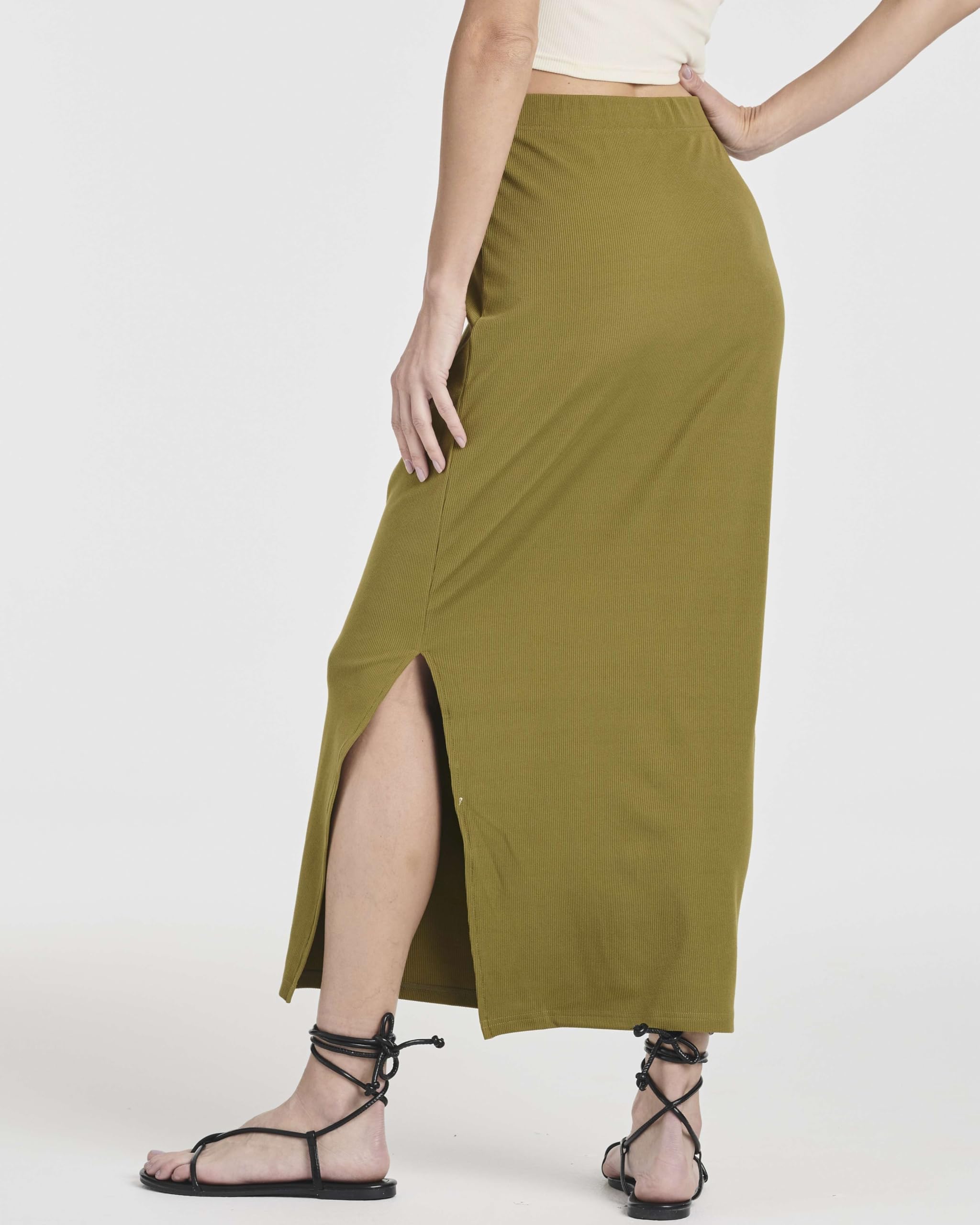 Real Essentials 3 Pack: Women's Ribbed High Waisted Maxi Skirt with Side Slit - Casual Long Pencil Skirt