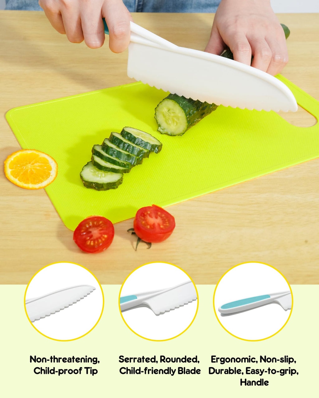 Kids Knife Set, 5 Pcs Montessori Kitchen Tools for Toddlers' Real Cooking for 3+, BPA Free Kids Safe Kitchen Cooking and Baking Set with Peeler, Cutting Board for Sandwich Bread Vegetable Fruit Gift