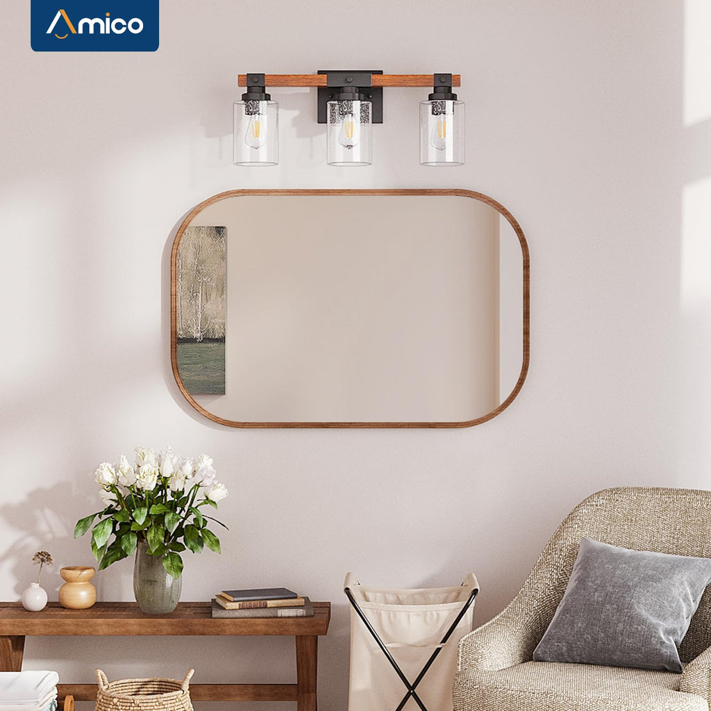 Amico 3-Light Farmhouse Vanity Light Fixture, Rustic Wood Bathroom Light Fixtures, Industrial Vintage Black Wall Sconces Lights with Bubble Glass Shade for Mirror, Bedroom, Living Room, Hallway