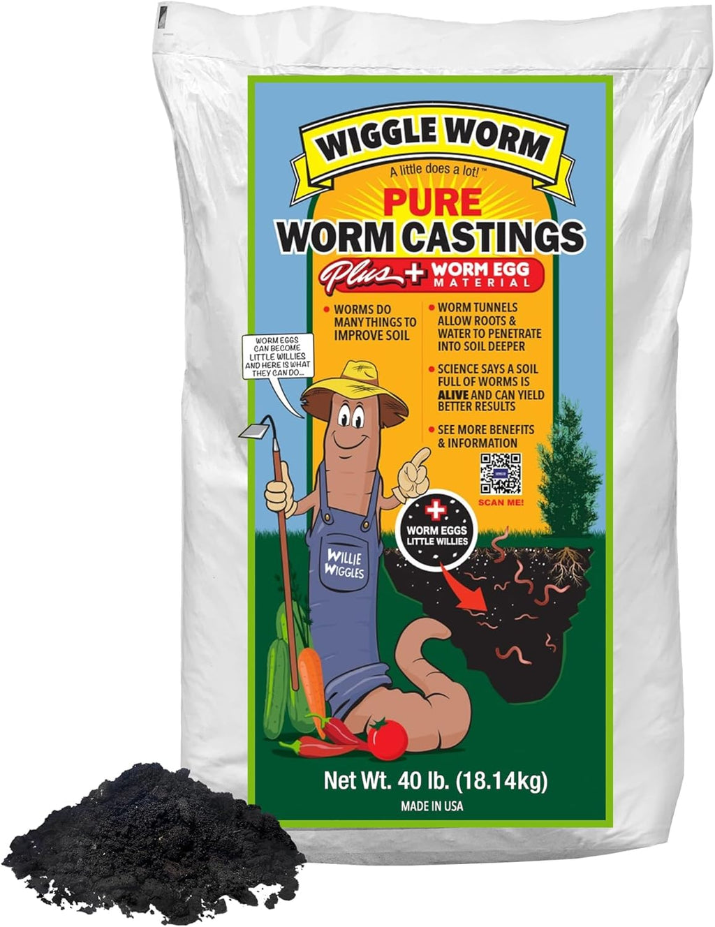 Wiggle Worm 100% Pure Worm Castings Plus Worm Egg Material, 40lbs - Fertilizer and Soil Amendment for Indoor and Outdoor Gardening to Improve Soil Fertility and Aeration - 100% Organic and Odor Free