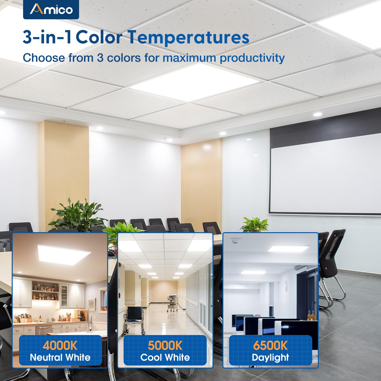 Amico 36 Pack 2x4 LED Flat Panel Light Fixture, 6250 LM, 4000K/5000K/6500K, 30W/40W/50W, Dimmable 0-10V, LED Drop Ceiling Lights for Office Commercial Use, Dustproof ETL Listed, FCC, DLC