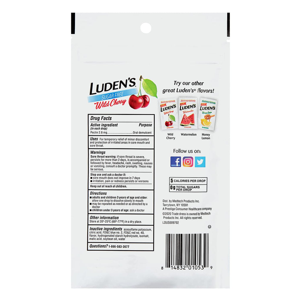 Luden's Sugar Free Wild Cherry Throat Drops, Sore Throat Relief, 25 Count (12 Pack)