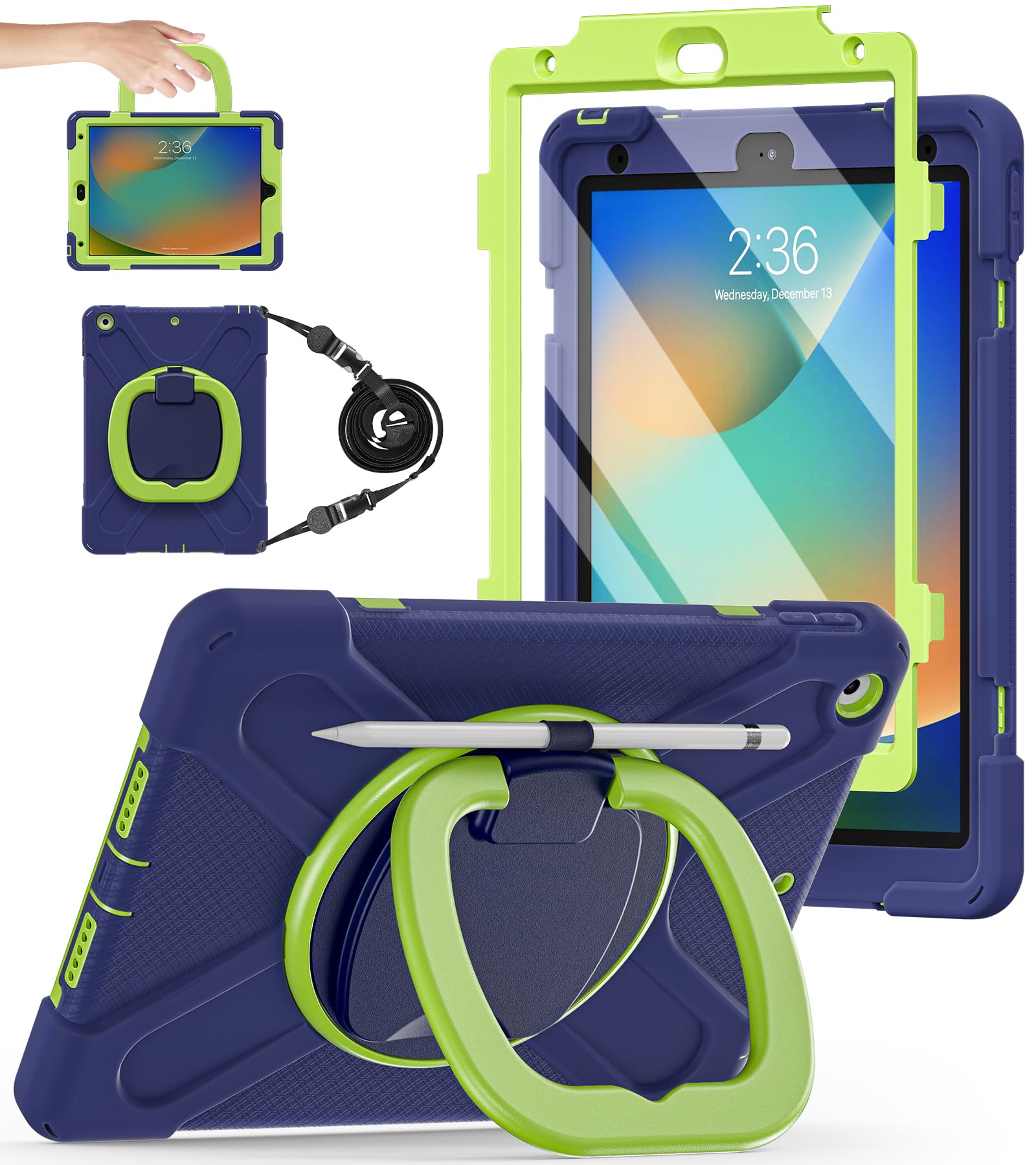 BATYUE for iPad 9th/ 8th/ 7th Generation Case (iPad 10.2 inch Rugged Case 2021/2020/2019) with Screen Protector, Rotating Stand/Pencil Holder/Carrying Shoulder Strap (Colourful Pink)
