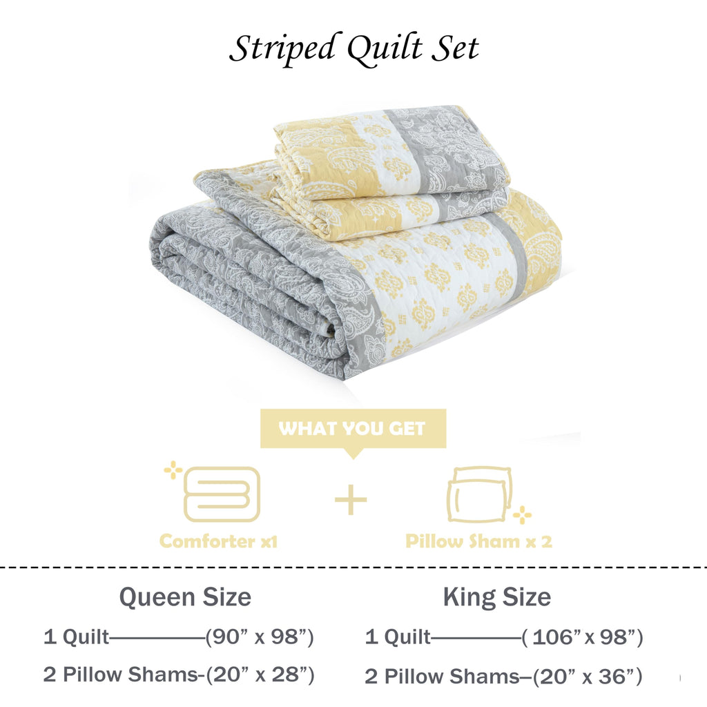 Yellow Quilts Queen Size, Paisley Comforter Set Queen Cotton Bed, Yellow Grey White Comforter, Striped Bedding Queen Size, Lightweight Luxury Bedspread,3 Piece