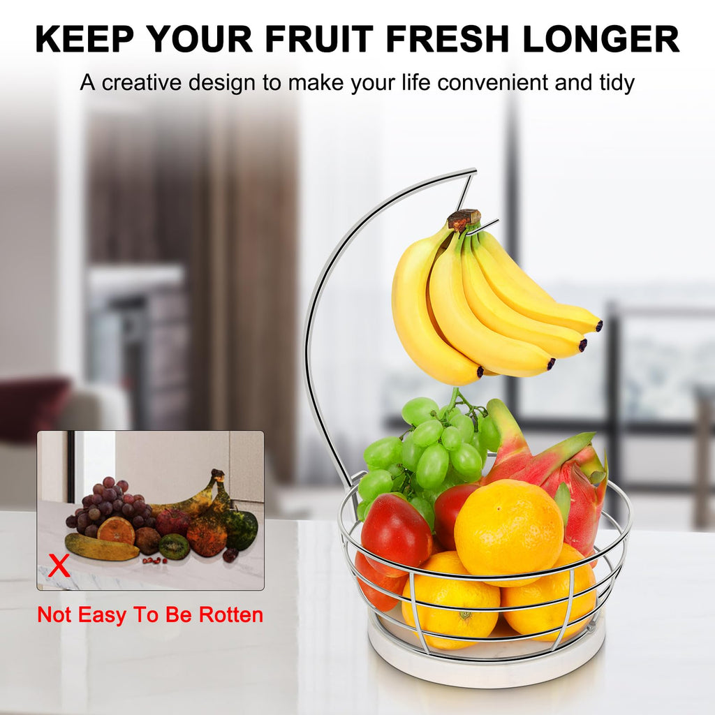 Livabber Countertop Fruit Basket Bowl with Banana Hanger, Modern Standing Fruit Vegetable Bowl Storage, with Banana Tree Holder for Kitchen Dinning Table (Round Marble, Black)