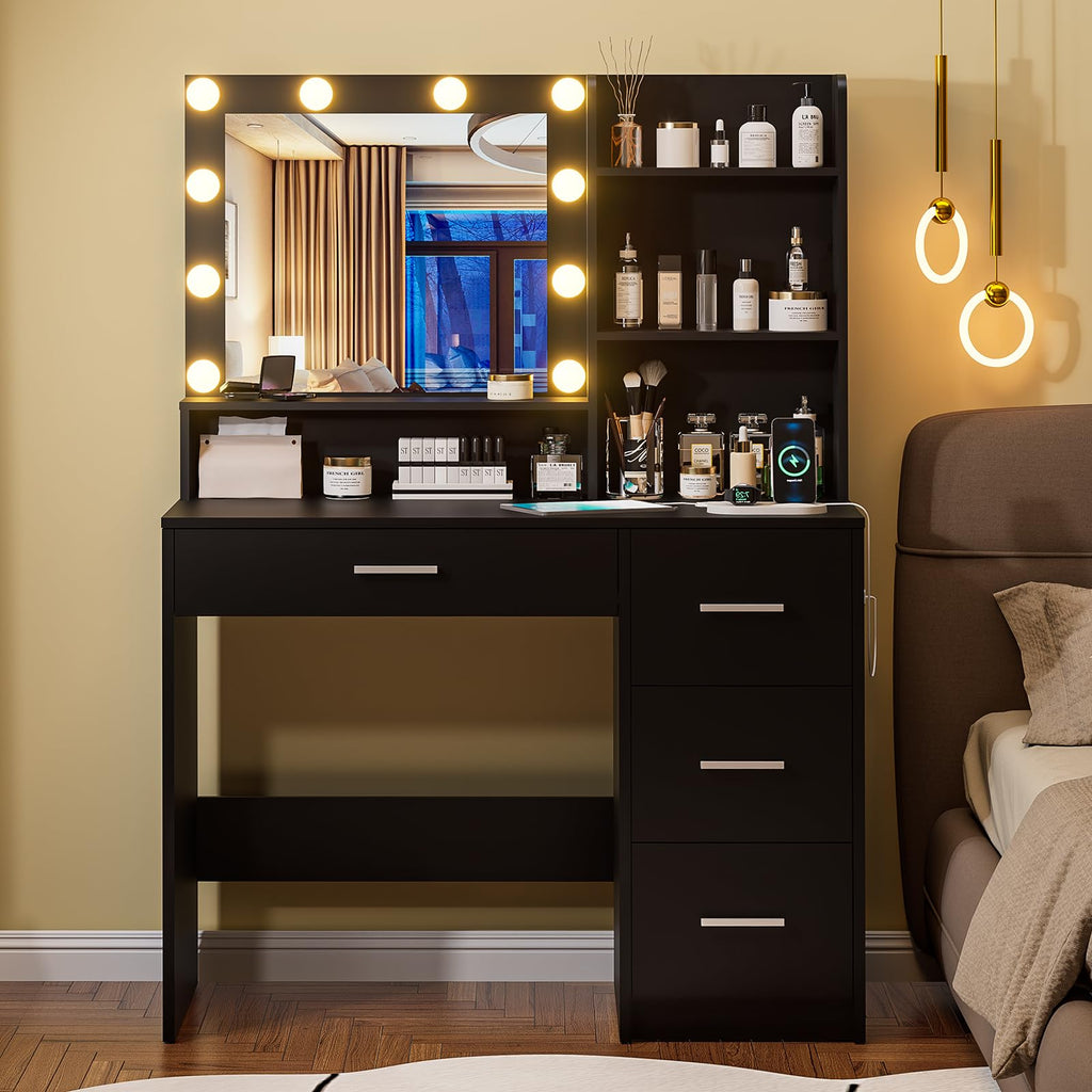 Vanity Desk with Lighted Mirror, Black Vanity with 4 Drawers,Makeup Vanity with Storage Shelves and Power Outlet,10 Lights with 3 Color Modes Brightness Adjustable for Girls’ Bedroom (Black)