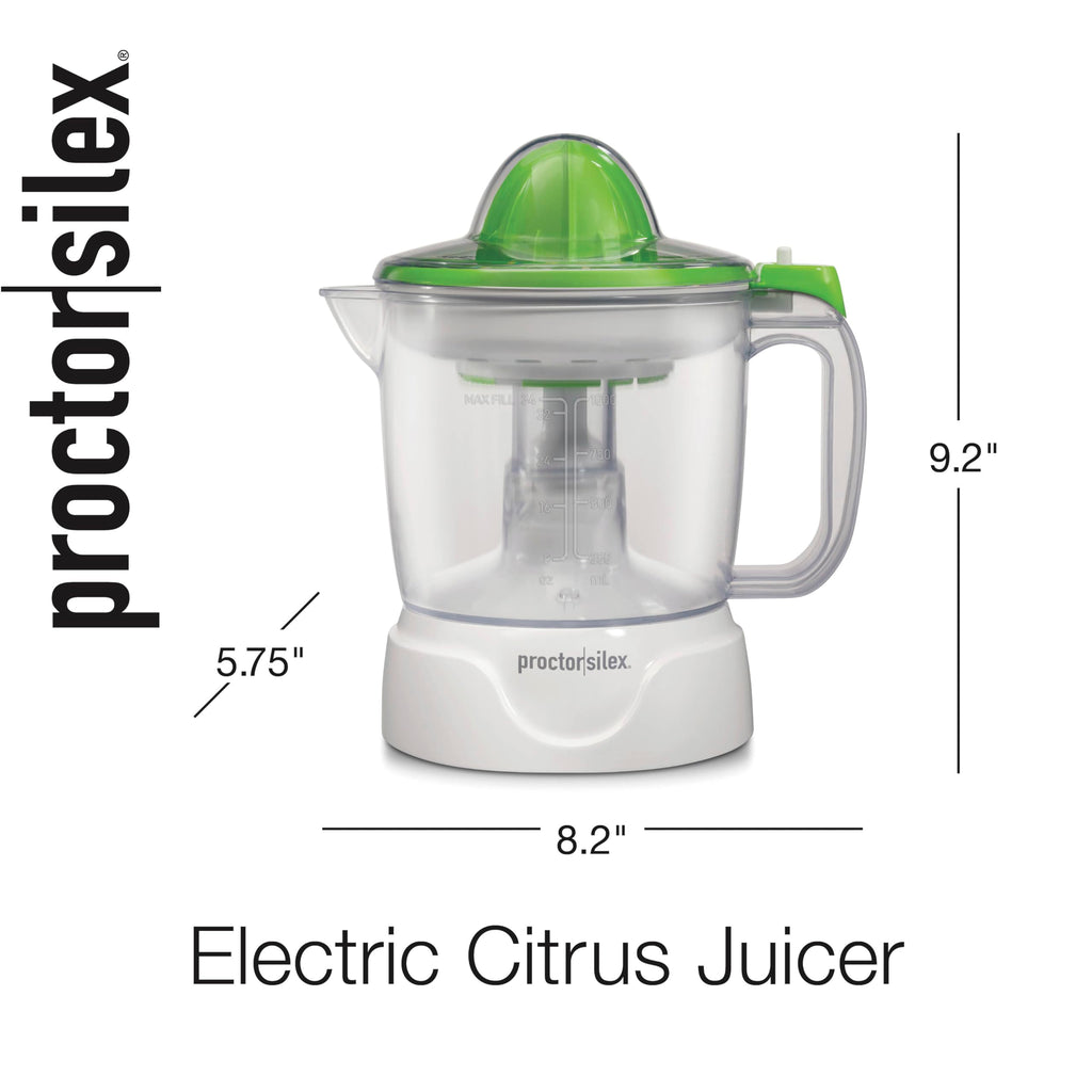 Proctor Silex Electric Citrus Juicer Machine, Large 34 oz. Pitcher, Pressure Activated, 2 Reamers for Big and Small Fruit, Pulp Control, for Orange, Lemon, Grapefruit Juice, White & Green (66340)