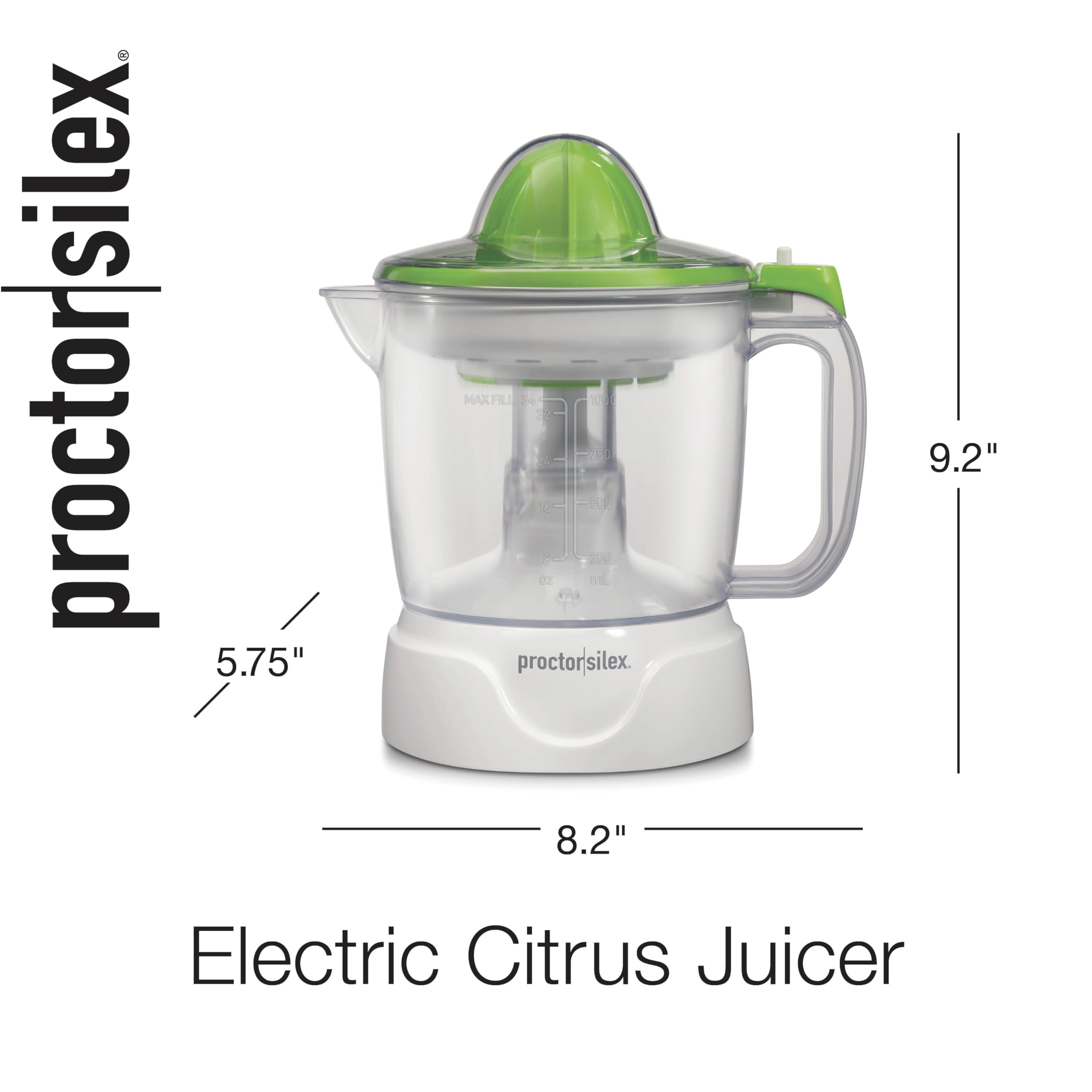 Proctor Silex Electric Citrus Juicer Machine, Large 34 oz. Pitcher, Pressure Activated, 2 Reamers for Big and Small Fruit, Pulp Control, for Orange, Lemon, Grapefruit Juice, White & Green (66340)