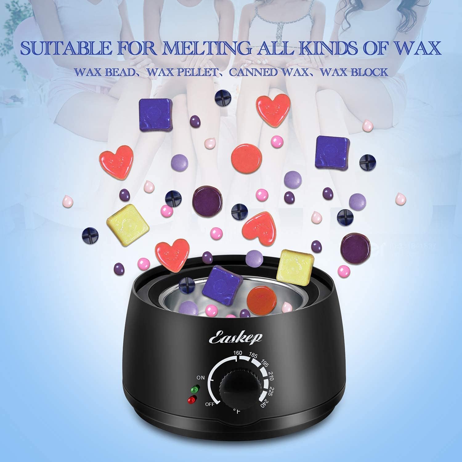 Waxing Kit Wax Warmer Easkep - Wax Kit Hair Removal 6 Adjustable Temperature with 5 Packs Hard Wax Beads and 20 pcs Wooden Applicator Sticks Painless for Legs Face Underarm Bikini Brazilian