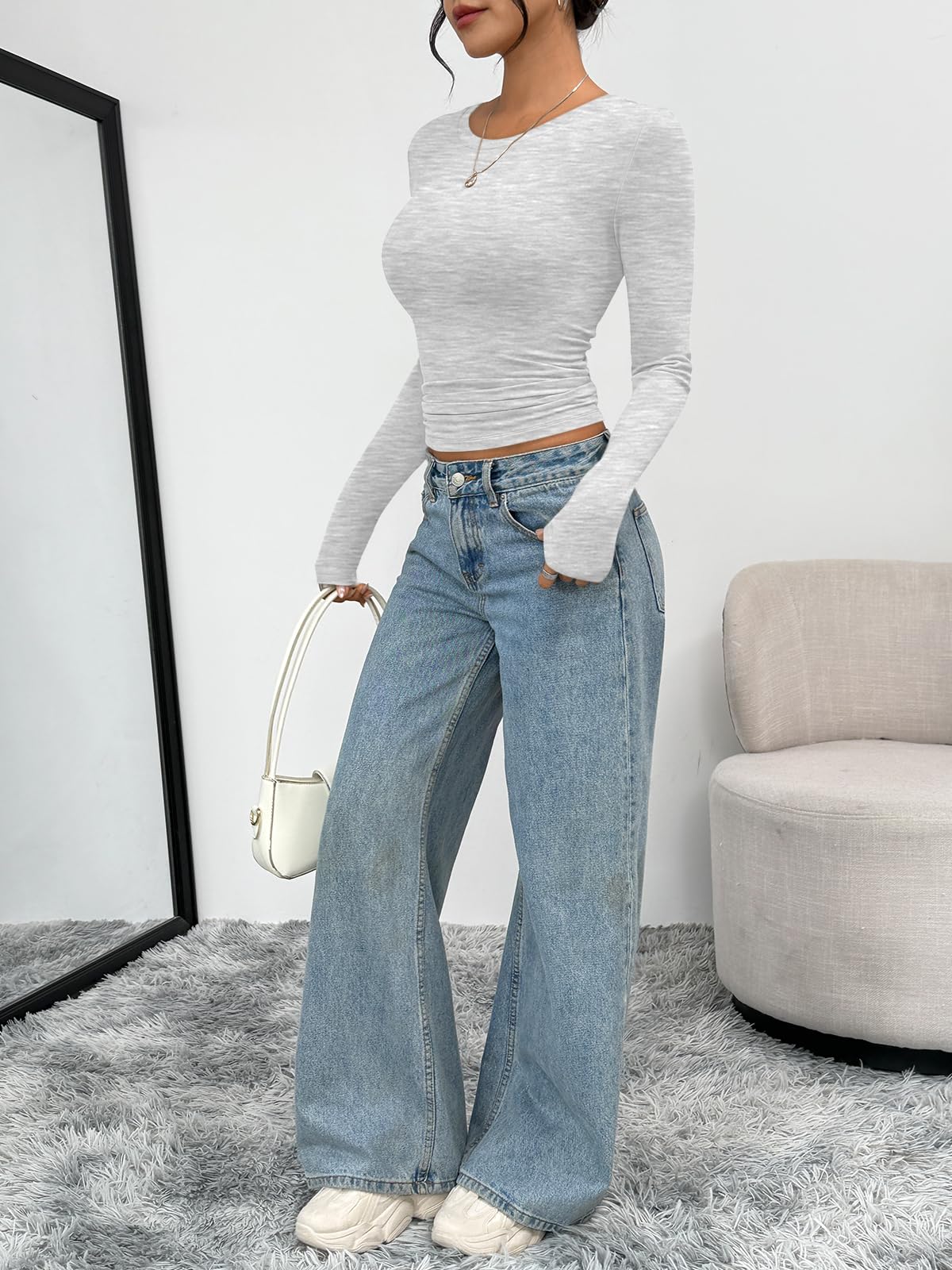 Trendy Queen Womens Long Sleeve T-Shirts Basic Crop Tops 2026 Spring Fashion Outfits Going Out Winter Clothes