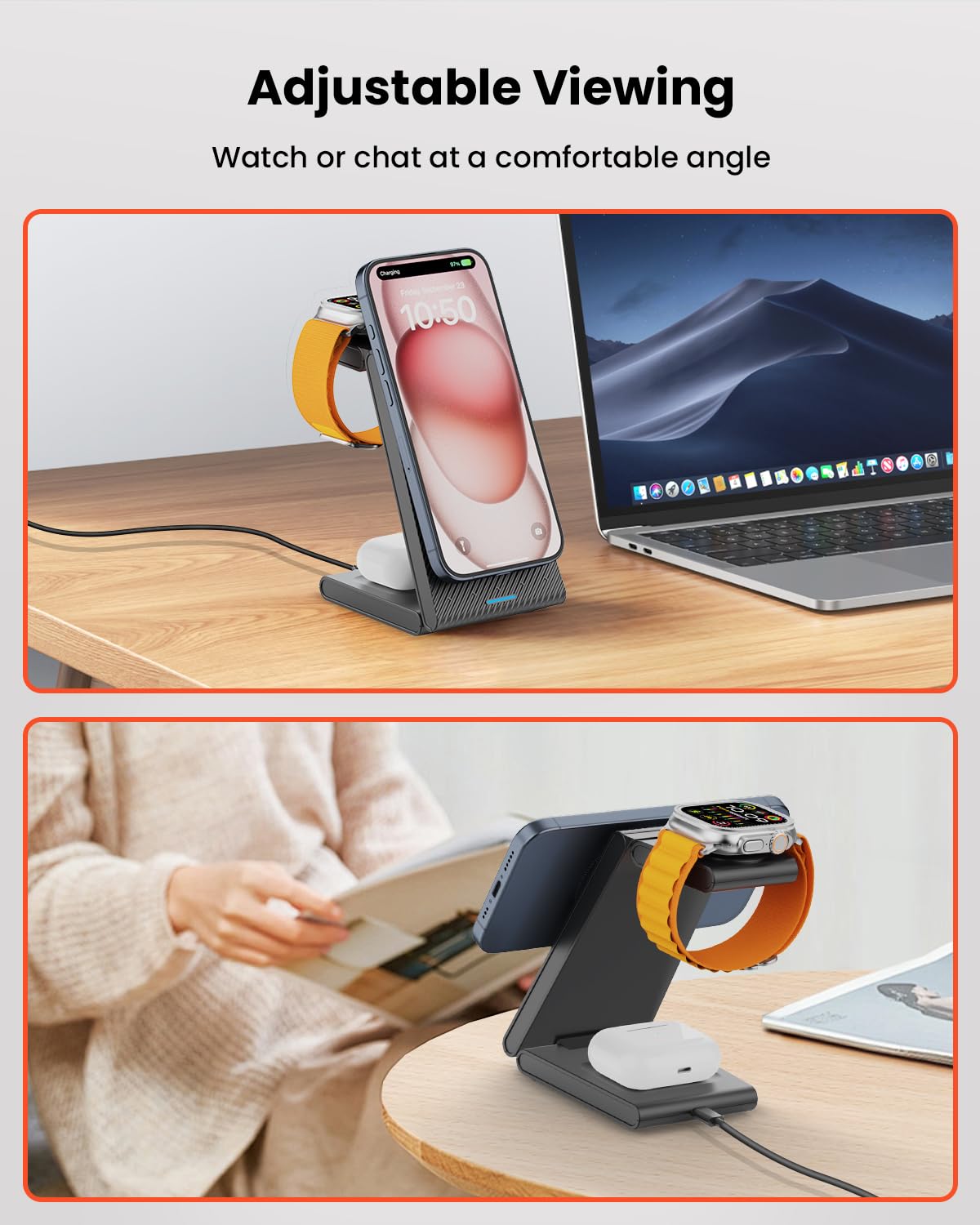 GEEKERA 3 in 1 Wireless Charging Station, Foldable Wireless Charger Stand for Multiple Apple Devices for iPhone 17 16-8, Apple Watch Ultra//11/10/9/SE/8/7/6/5, AirPods Pro/4/3/2