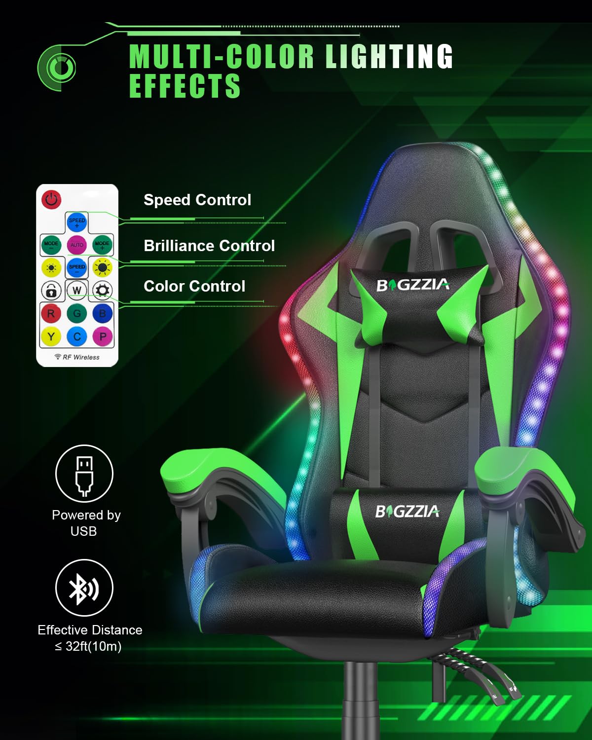 Bigzzia Gaming Chair with RGB LED Lights for Kids & Adults, High Back Ergonomic Computer Gamer Chair with Headrest and Lumbar Support, Racing Style Reclining Game Chair(Black)