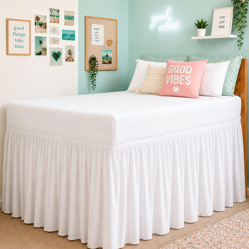 Cottington Lane Ruffled Dorm Room Bed Skirt Twin XL 25 Inch Drop, Hotel Quality Premium Brushed Microfiber Twin Extra Long College Dust Ruffle, White