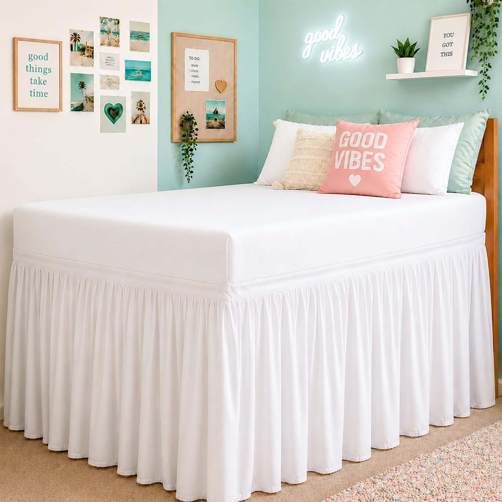 Cottington Lane Ruffled Dorm Room Bed Skirt Twin XL 25 Inch Drop, Hotel Quality Premium Brushed Microfiber Twin Extra Long College Dust Ruffle, White
