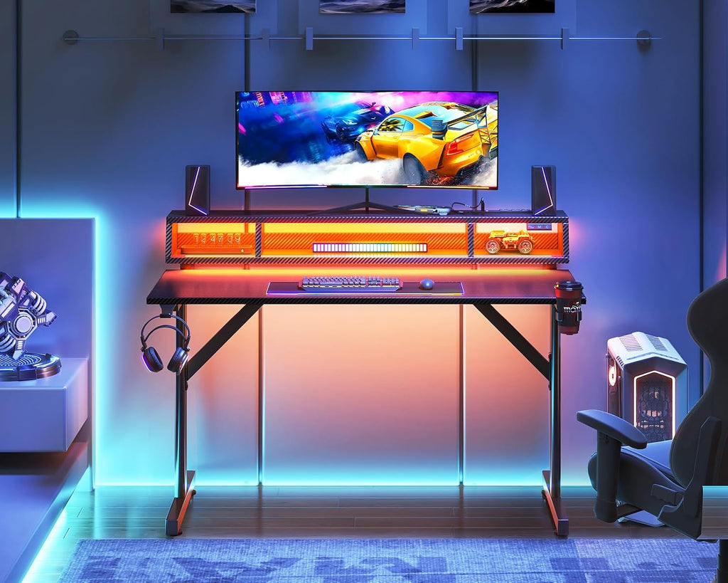 MOTPK 40 inch Gaming Desk with LED Lights & Power Outlets, Small Computer Gaming Table with Float Monitor Stand, Kids Boys Desk with Carbon Fiber Texture