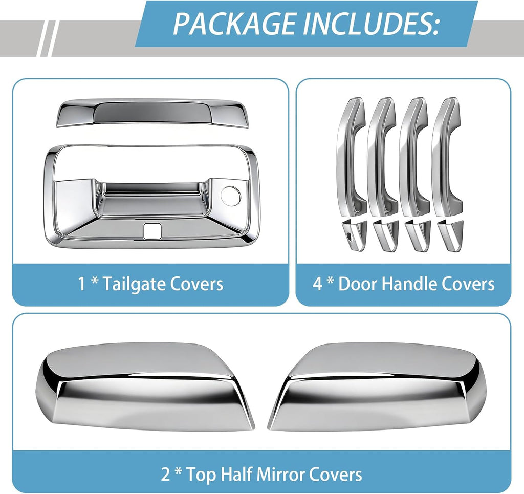 Chrome Door Handle Covers+Top Half Mirror Covers+Tailgate Cover (with Camera Hole) Compatible with Chevrolet Silverado GMC Sierra 1500 2500 3500 2014-2018 - Not for Towing Mirror
