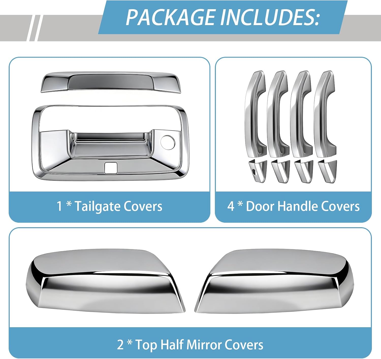 Chrome Door Handle Covers+Top Half Mirror Covers+Tailgate Cover (with Camera Hole) Compatible with Chevrolet Silverado GMC Sierra 1500 2500 3500 2014-2018 - Not for Towing Mirror