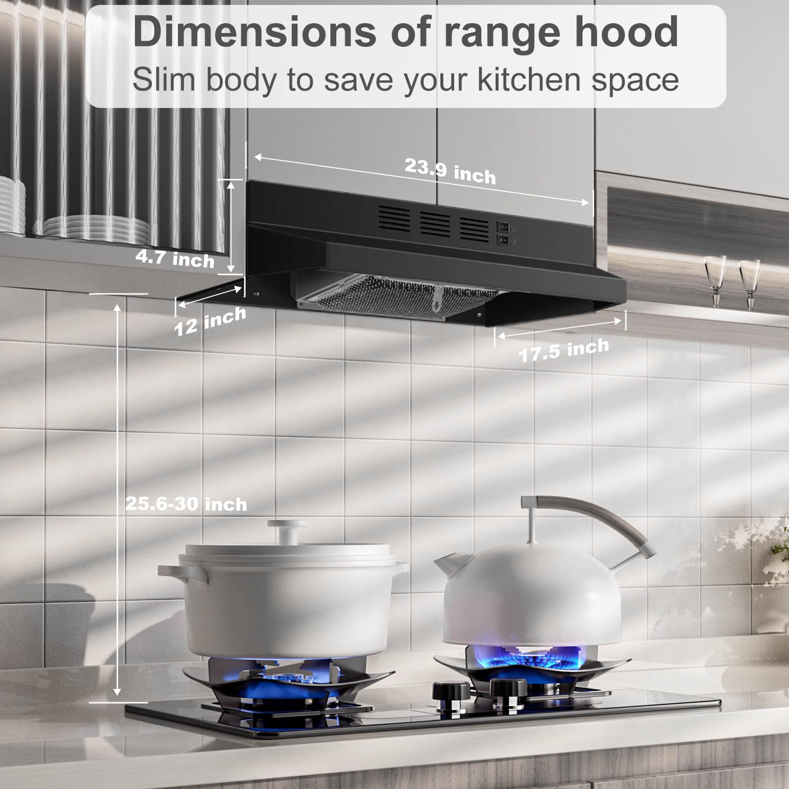 SNDOAS Black Range Hood 24 inch,Ducted/Ductless Range Hood Under Cabinet,Black Coating Stainless Kitchen Exhaust Hood with 2-speed Fan,230 CFM,Rocker Switch,Hard-wired Stove Vent, Ventless Hood