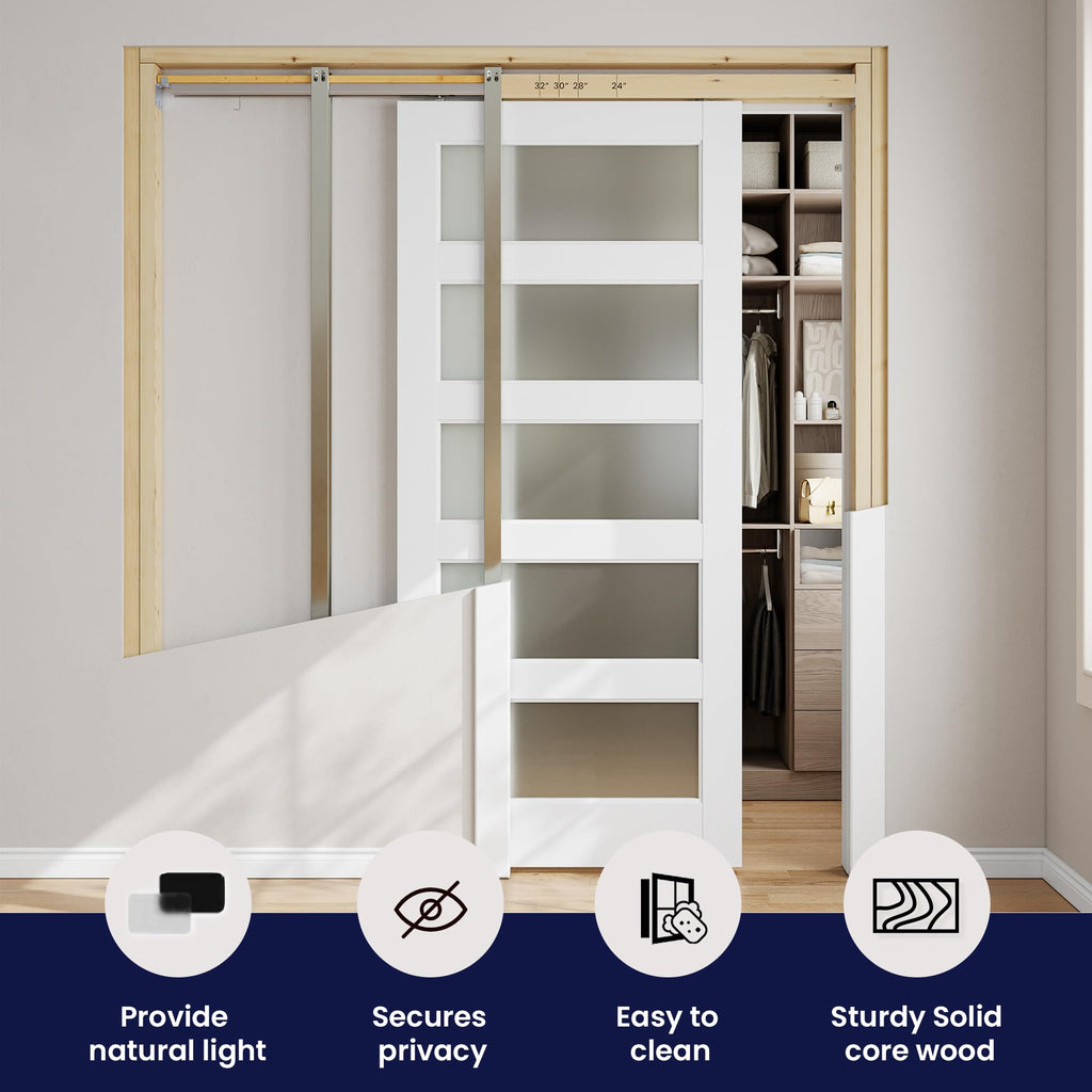 Sliding Pocket Door 24" x 80", 5-Panel Frosted Glass Panel with Soft Close Pocket Door Frame Kit, Interior & Closet Pre-Assembled Door Slab, White Primed