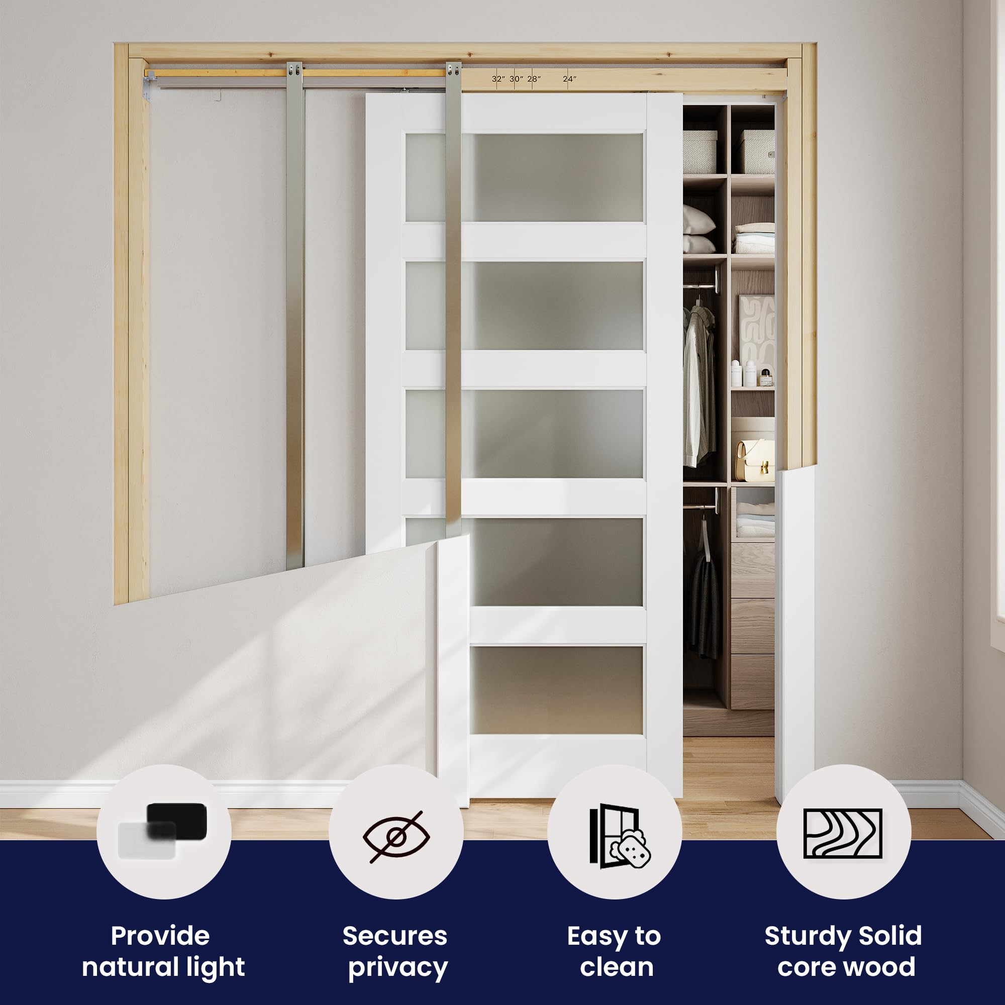 Sliding Pocket Door 24" x 80", 5-Panel Frosted Glass Panel with Soft Close Pocket Door Frame Kit, Interior & Closet Pre-Assembled Door Slab, White Primed