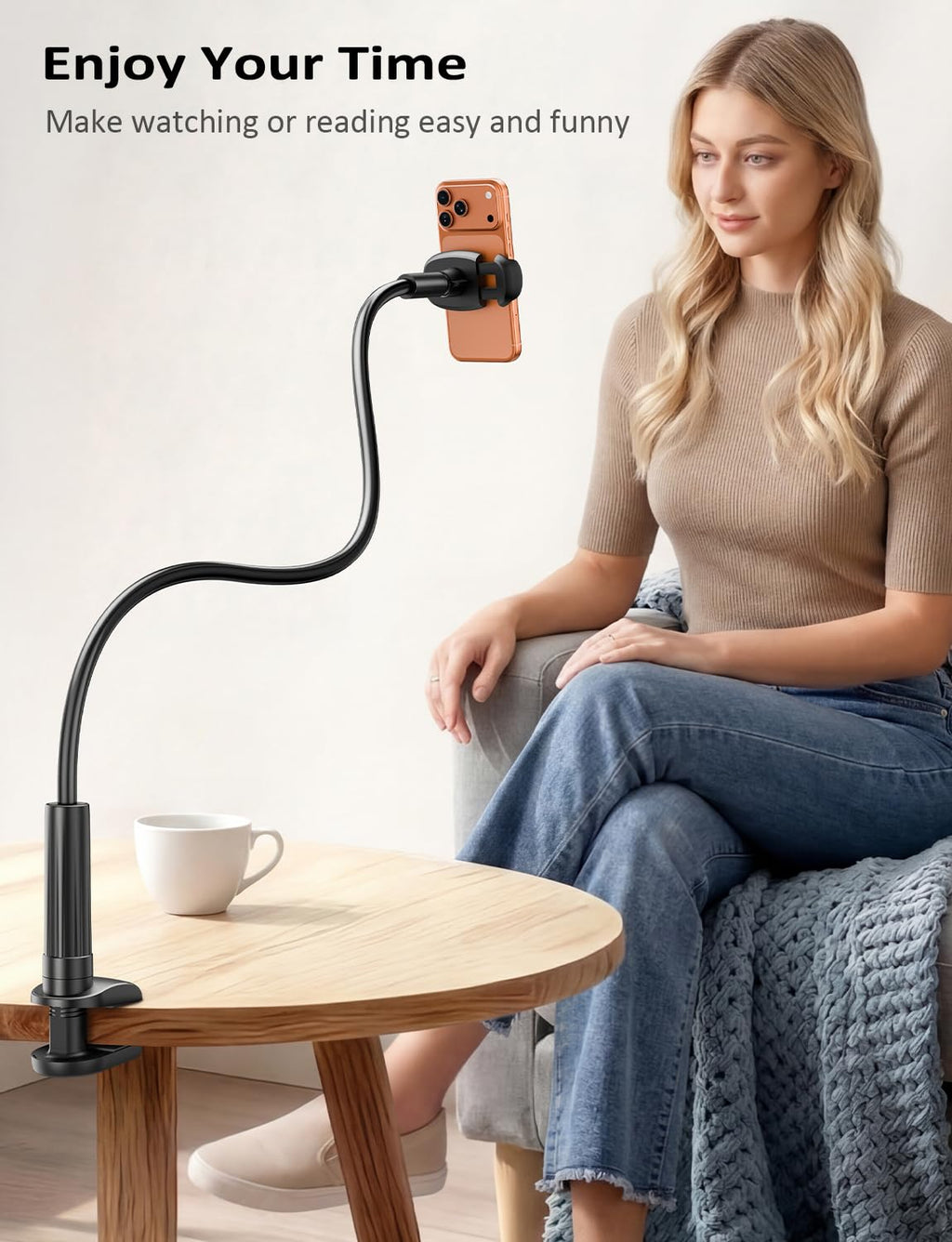 Tryone Gooseneck Phone Holder Hands-Free for Phone Viewing Or Recording, Adjustable Stable Metal Cell Stand Mount for Desk Table Bed, Soporte para Celular, Fits 4-7 Phones Including iPhone - Black