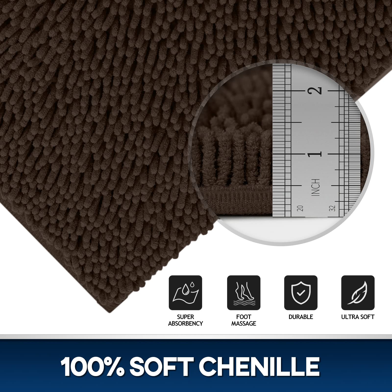 TREETONE Chenille Bath Mat 3 Pieces Bathroom Rugs Set, 20x20 Inches U-Shape Contoured Toilet Mat & 20x32 Inches Rug & Lid Cover,Water Absorbent Plush Rugs for Tub Shower & Bath Room -Beige