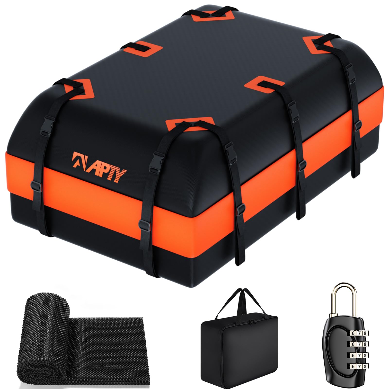 APTY Car Rooftop Cargo Carrier Bag, 16 Cubic Feet Soft Roof Top Luggage Bag for All Vechicles with/Without Racks - with Waterproof Zip, Anti-Slip Mat, Door Hooks, Luggage Lock, Storage Bag