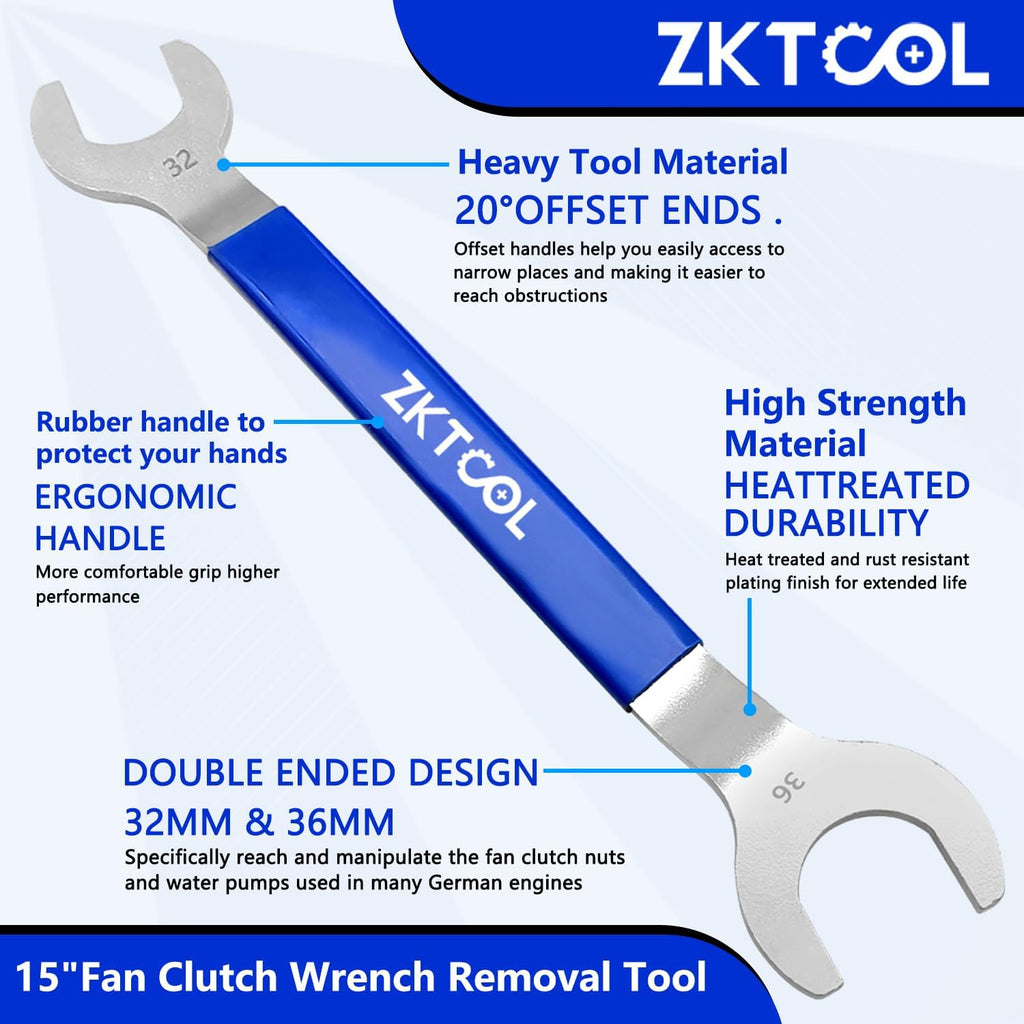 ZKTOOL Fan Clutch Wrench Set,32mm & 36mm Clutch Fan Tool Wrench,Water Pump Pulley Holder Removal Tool For BMW, Ford, GM, dodge,Chevrolet,jeep Fan Clutch Removal Kit,Water Pump Holder.
