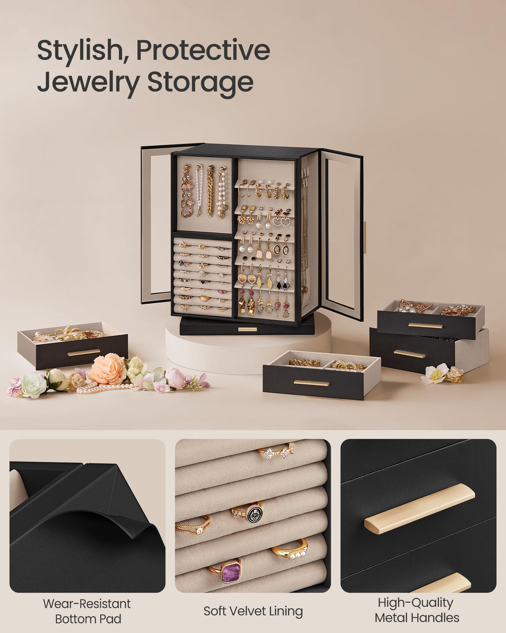SONGMICS GISELLA Collection - Jewelry Box Organizer 360° Rotating, Vertical Jewelry Storage Case with 5 Drawers, Glass Window, Spacious, Open Design, Great Gift, Cloud White UJBC170W01