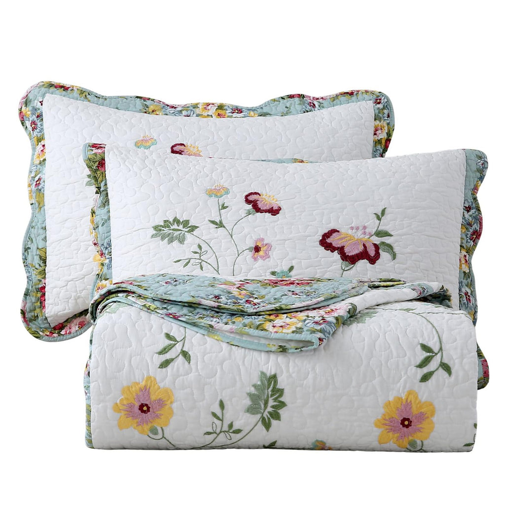 vctops 3-Piece Floral Embroidered Bedspread Coverlet Set Twin Size 100% Cotton Reversible Patchwork 1 Quilt and 2 Pillow Shams (Flower,Twin)