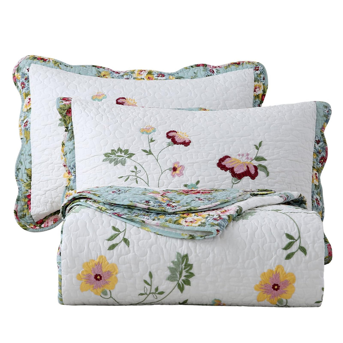 vctops 3-Piece Floral Embroidered Bedspread Coverlet Set Twin Size 100% Cotton Reversible Patchwork 1 Quilt and 2 Pillow Shams (Flower,Twin)
