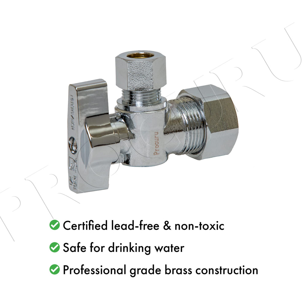 [2-Pack] PROCURU Heavy Duty Angle Stop Valve 1/2" Nom (5/8" OD) Comp x 3/8" OD Comp, 1/4-Turn Operation (PCAS12-2P)