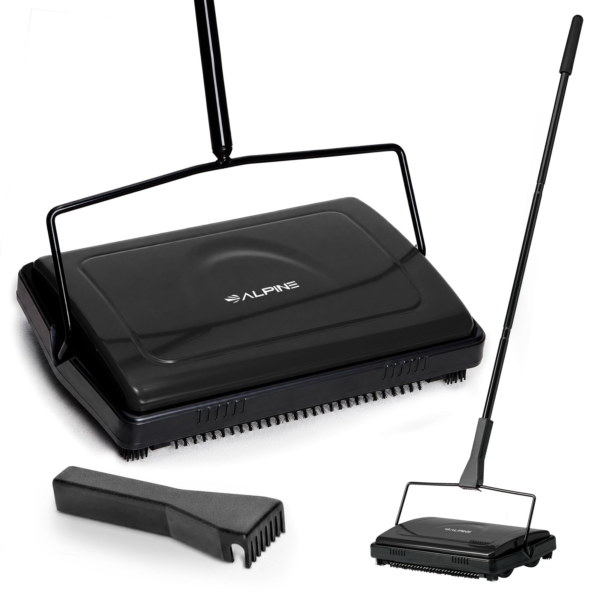 Alpine Manual Carpet Sweeper Triple Brush – Cordless Non Electric Multi-Surface Floor Brush Hardwood Floor Cleaner Easy Sweeping for Carpeted Floors (Improved Black)