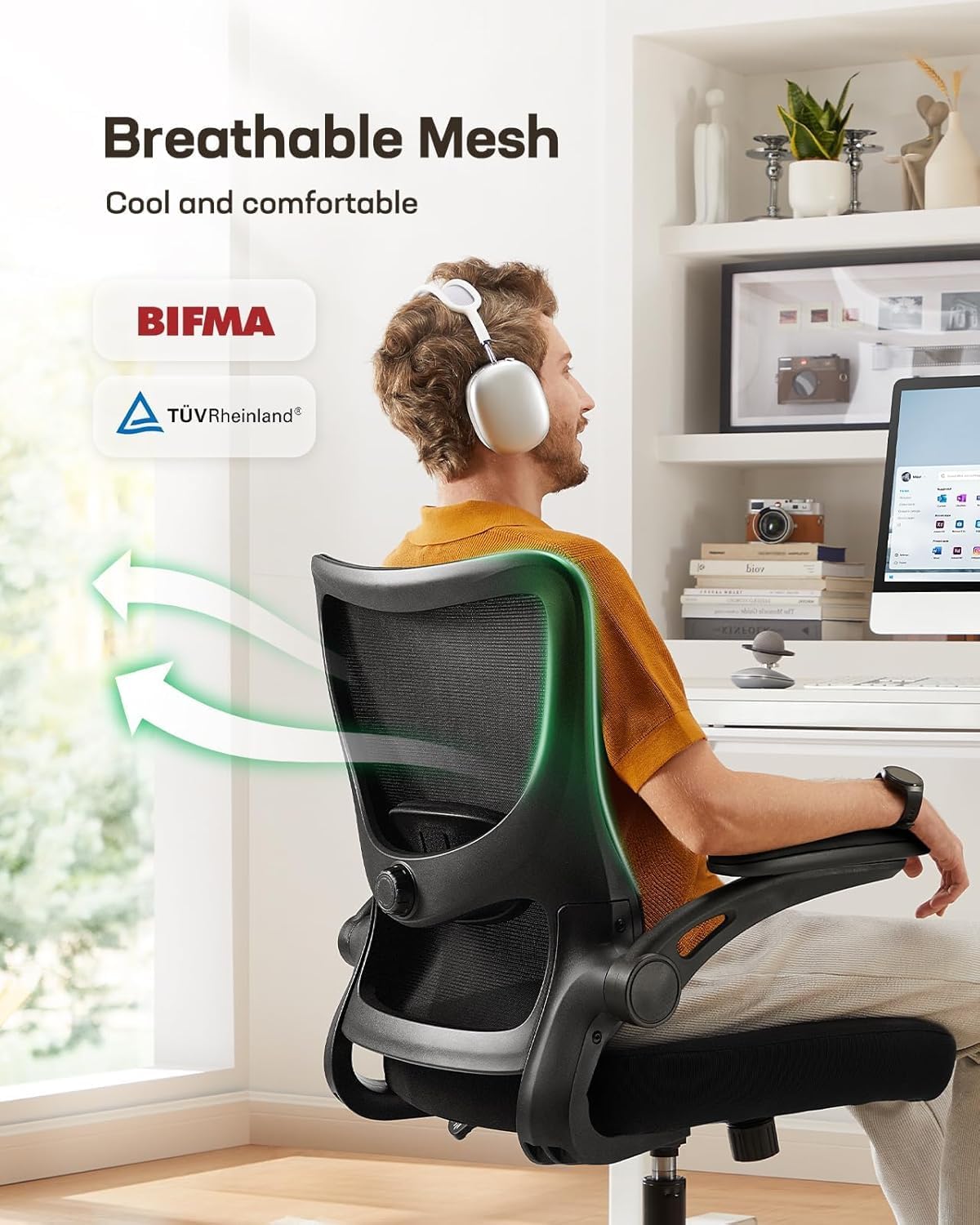 Marsail Office Chair Ergonomic Desk Chair with 3 Ways PU Armrests and Adjustable Lumbar Support Breathable Mesh Computer Chair Executive Rolling Swivel Comfy