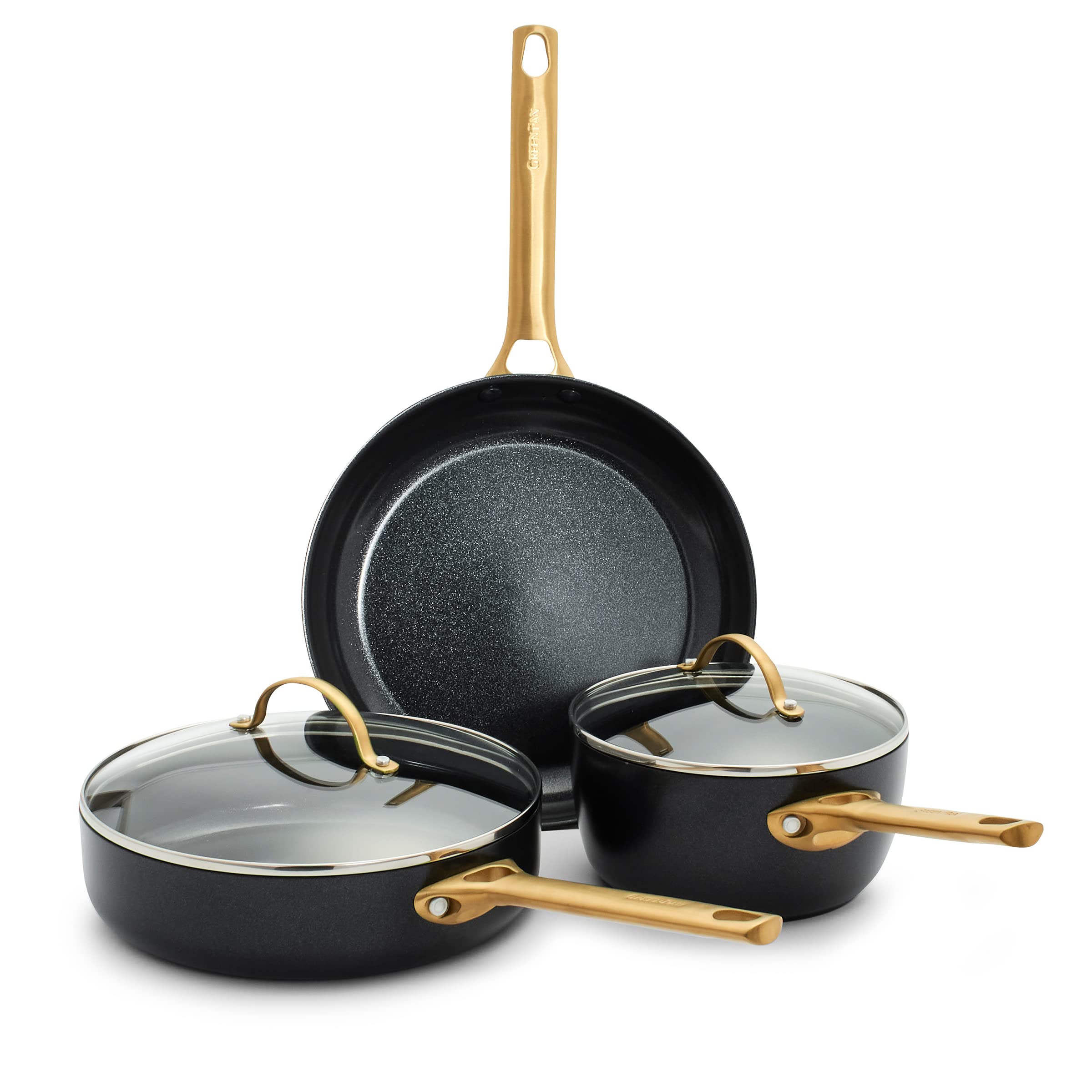 GreenPan Hard Anodized Healthy Ceramic Nonstick 5 Piece Cookware Pots and Pans Set, Gold Handle, PFAS-Free, Dishwasher Safe, Oven Safe, Black