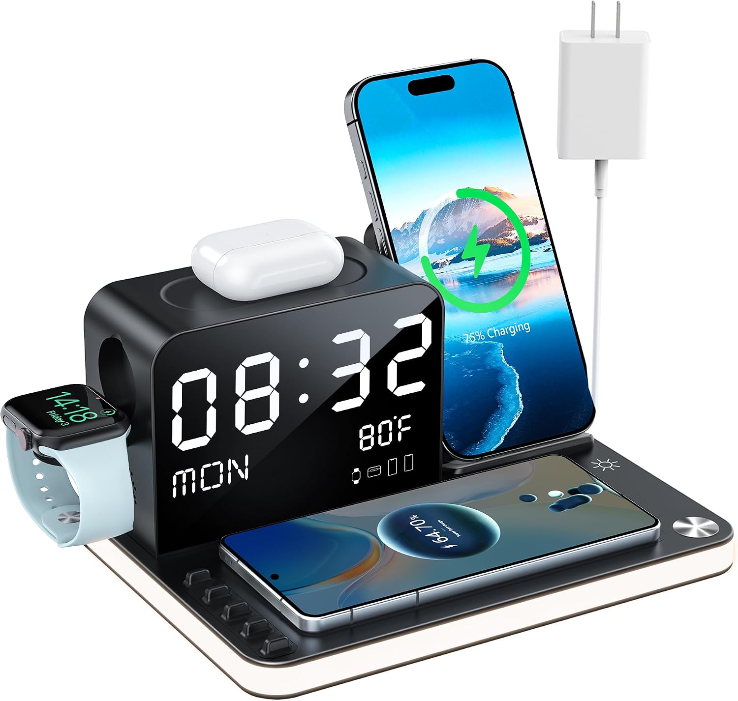 7 in 1 Wireless Charging Station for Apple Device Wireless Charger with Night Light Bluetooth TimeSync Temperature 33W Fast Charger for iPhone 17/16/15/14/13 Pro Max Android Phone Airpods Apple Watch