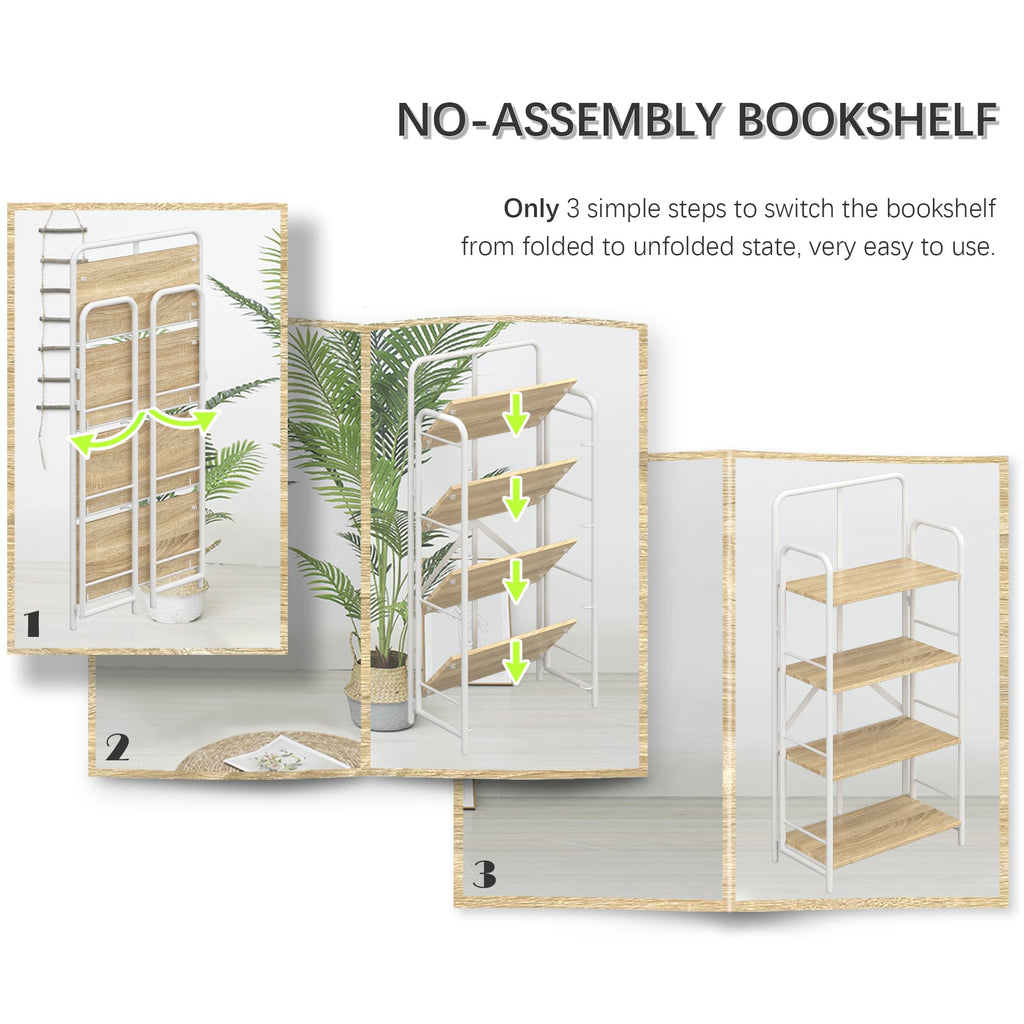 4NM No Assembly Folding Bookshelf, 3 Tiers Collapsible Book Shelves Open Industrial Foldable Storage Bookcase Shelf for Bedroom, Living Room, Home Office - Natural and White