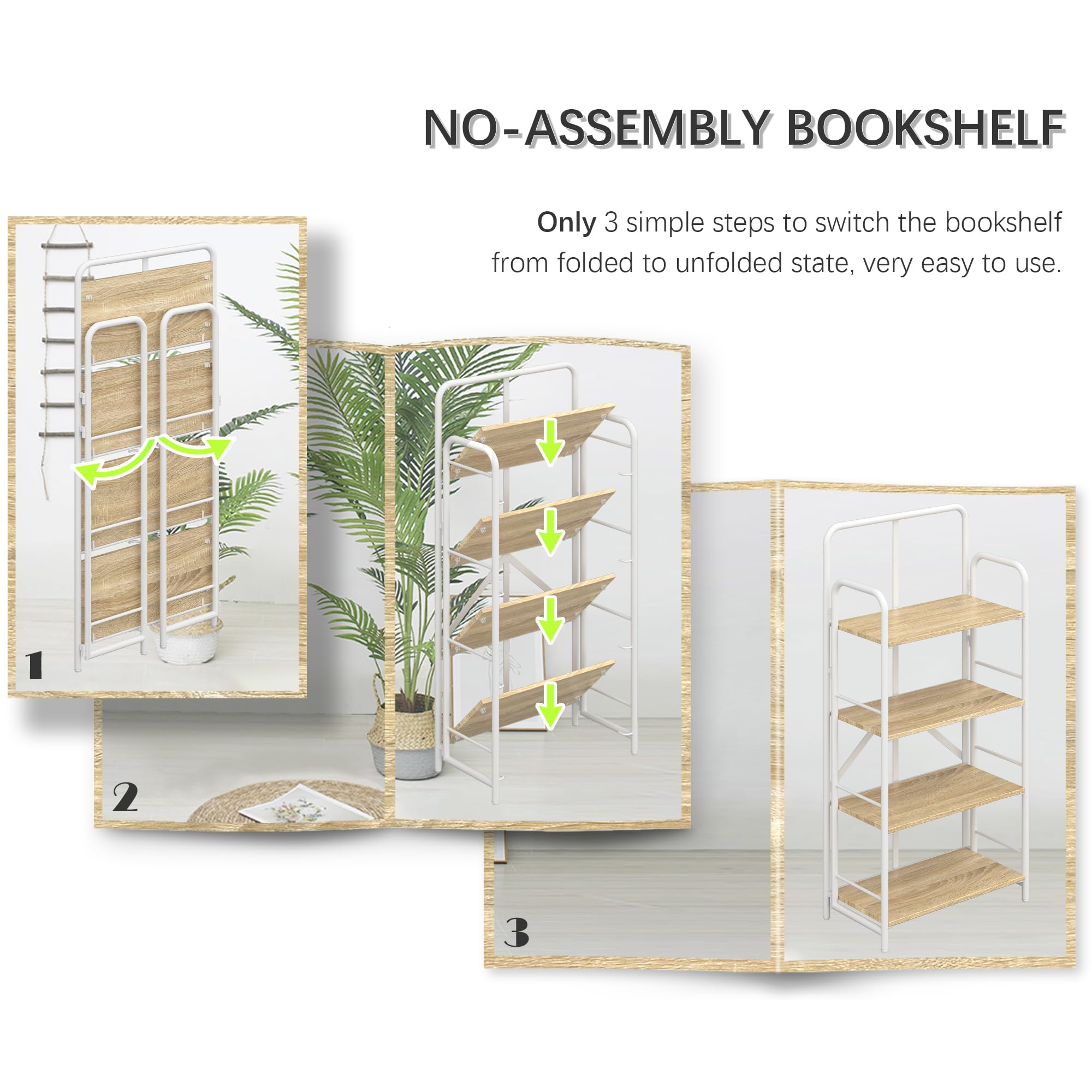 4NM No Assembly Folding Bookshelf, 3 Tiers Collapsible Book Shelves Open Industrial Foldable Storage Bookcase Shelf for Bedroom, Living Room, Home Office - Natural and White