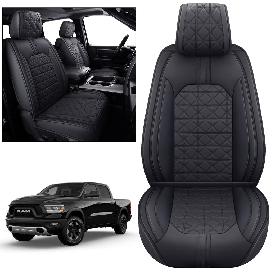 YIERTAI Dodge RAM Seat Covers Fit for 2009-2023 2024 2025 2026 1500/2500/3500HD Pickup Front Seats Only Crew Double Cab Quad Cab Waterproof Leather Seat Covers(2 PCS Front only/Black)
