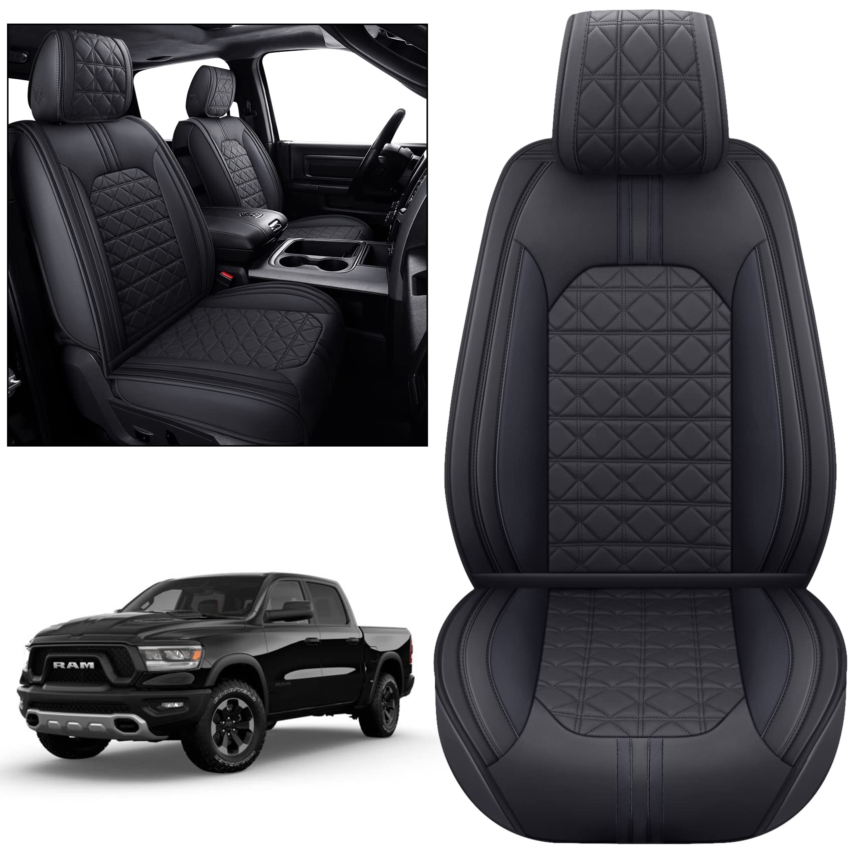 YIERTAI Dodge RAM Seat Covers Fit for 2009-2023 2024 2025 2026 1500/2500/3500HD Pickup Front Seats Only Crew Double Cab Quad Cab Waterproof Leather Seat Covers(2 PCS Front only/Black)