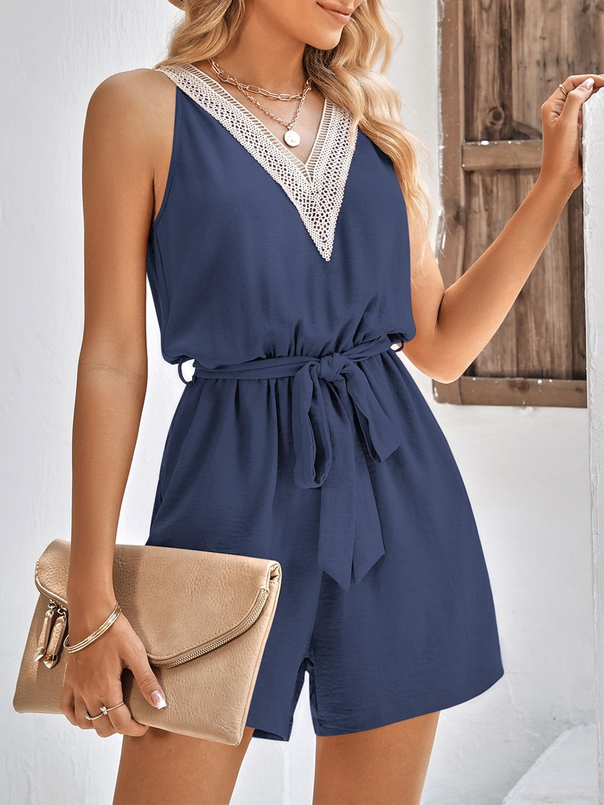 PRETTYGARDEN Rompers For Women Summer Casual Sleeveless V Neck Belted One Piece Outfits Short Overalls Jumpsuit With Pockets