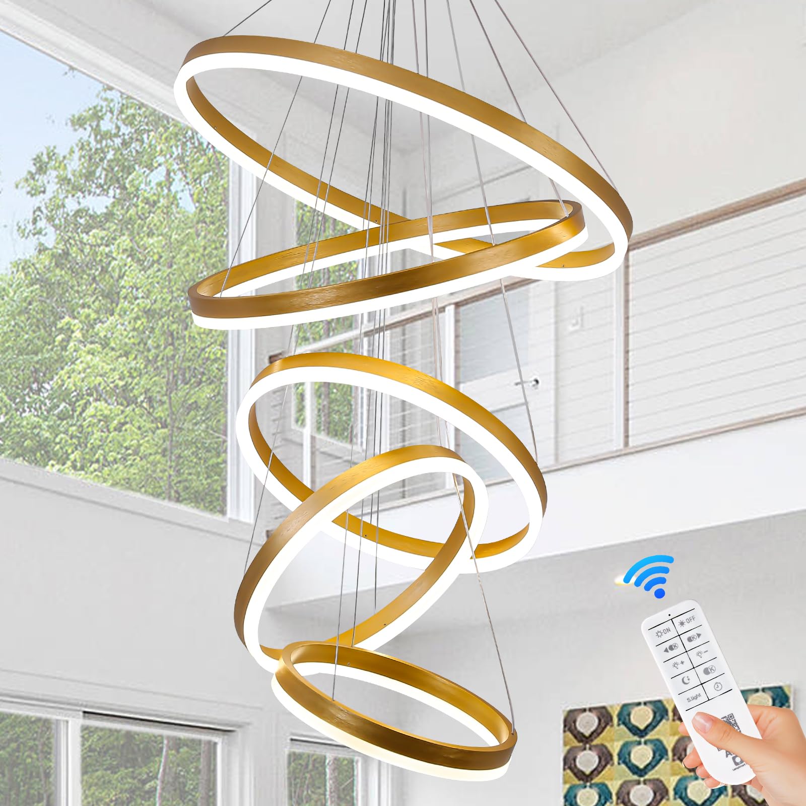 5-Rings Modern LED Chandelier Black Dimmable High Ceiling Chandelier for Dining Room with Remote Control for Foyer Living Room Entryway Staircase(D23.6’’, 3000K-6500K)